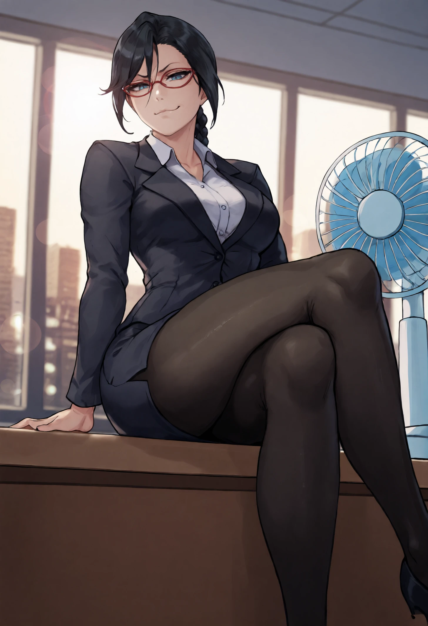 masterpiece, best quality, 1girl, toned,
black hair, blue eyes, single braid, long hair, glasses, red-framed eyewear, 
office lady, black pantyhose looking at viewer, smug, toned, sitting, crossed legs, sitting on table, indoors, office, window, cityscape, electric fan,
detailed background, bokeh, lens flare, 
<lora:ydmarrsa_idxl_EliPot:1>