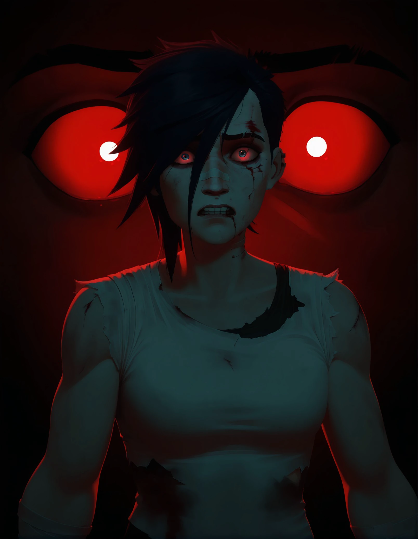 masterpiece, best quality, amazing quality, very aesthetic, absurdres, newest, digital art, painting, dark colors, red lighting, black hair, short hair, bangs, blood, wounds, bandages, torn clothes, white shirt, torn shirt, torn sleeve, clenched fists, intense expression, dramatic lighting, shadows, high contrast, dark background, moody atmosphere, realistic style, detailed textures, dark aesthetic, horror theme, intense gaze, emotional, distressed, wounded character, close-up, upper body, dynamic composition, expressive, vi (league of legends), Arcane Style, <lora:23029ffd-e4e6-4870-a2b4-fb6b510c1f0b:0.8>
