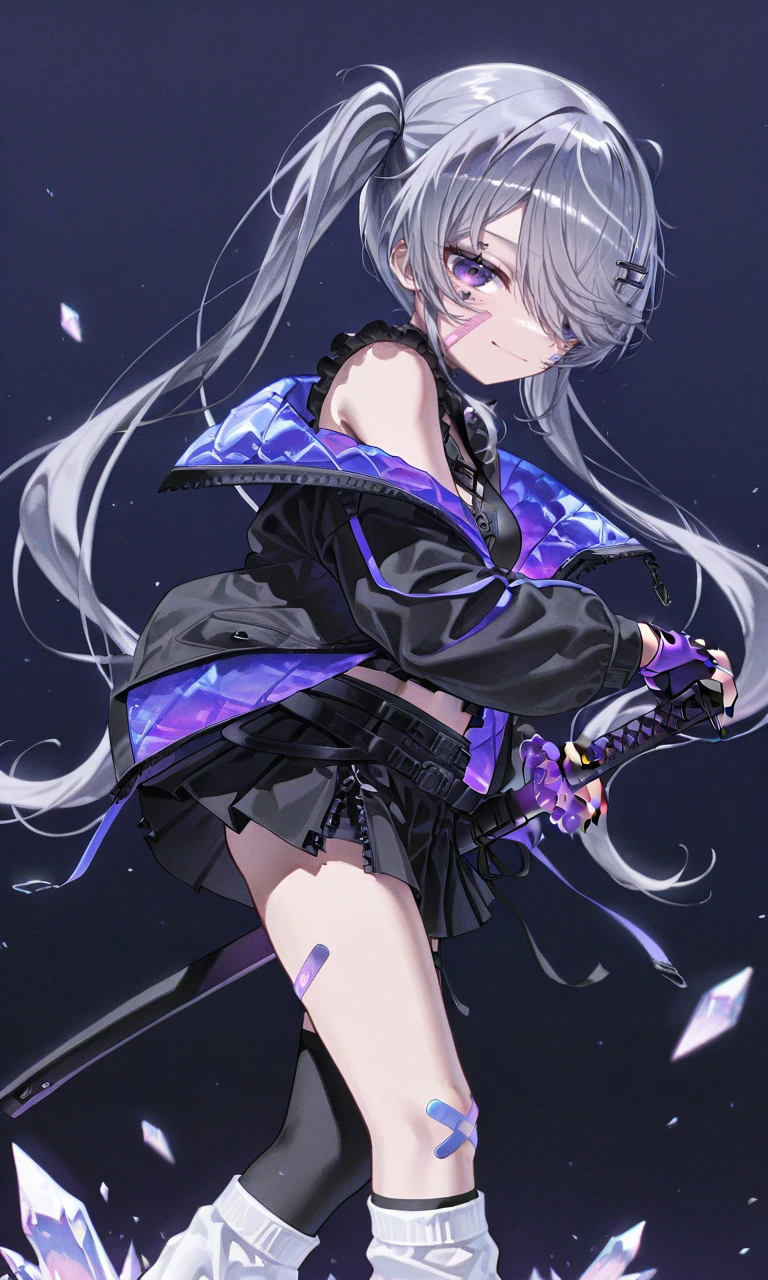 KosekiBijouCODE81800, 1girl, solo, bandaid, jacket, twintails, long hair, weapon, sword, black jacket, skirt, looking at viewer, open jacket, black skirt, grey hair, open clothes, bandaid on face, gloves, hair ornament, bandaid on leg, sleeveless, purple eyes, fingerless gloves, hairclip, off shoulder, bare shoulders, hair over one eye, katana, shirt, belt, smile, socks, bandaid on knee, sleeveless shirt, closed mouth, black shirt, black nails, very long hair, long sleeves, feet out of frame, black gloves, kneehighs, loose socks, thighhighs, nail polish, miniskirt, facial mark, hand on hilt, crystal, purple gloves, frills, from side, bandaid on cheek, standing, breasts, multicolored clothes, midriff, pleated skirt, asymmetrical legwear, sheathed, multicolored jacket