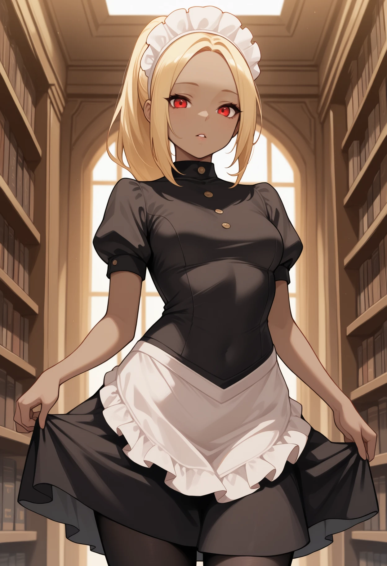 masterpiece, best quality, solo, 1girl, k4tmaid, dark-skinned female, parted lips, looking at viewer, skirt hold, long hair, blonde hair, ponytail, maid headdress, red eyes, black dress, puffy short sleeves, white apron, maid apron, waist apron, black pantyhose, indoors, library, bookshelf
<segment:yolo-Anzhc Face seg 640 v2 y8n.pt,0.4,0.5//cid=1>