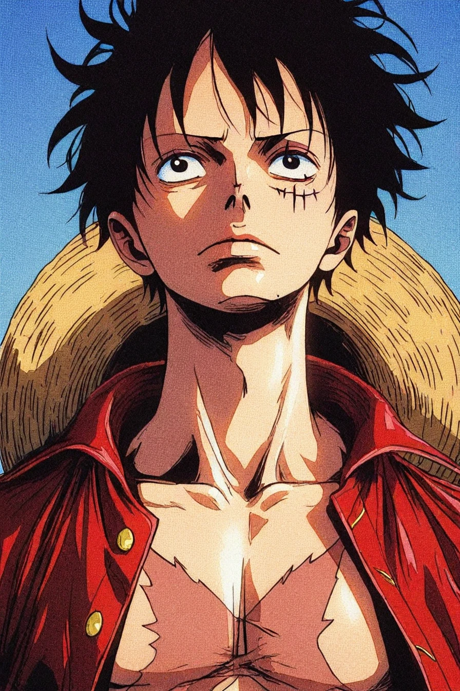 <lora:LUFFY_pony_XL:0.8>, Luffy, red jacket, scar on chest, straw hat, black hair, 1boy, solo, alone, <lora:neon_horror_noir_illustriousXL-000021:1>, neon_horror_noir_style, close-up, upper body, masterpiece, highres