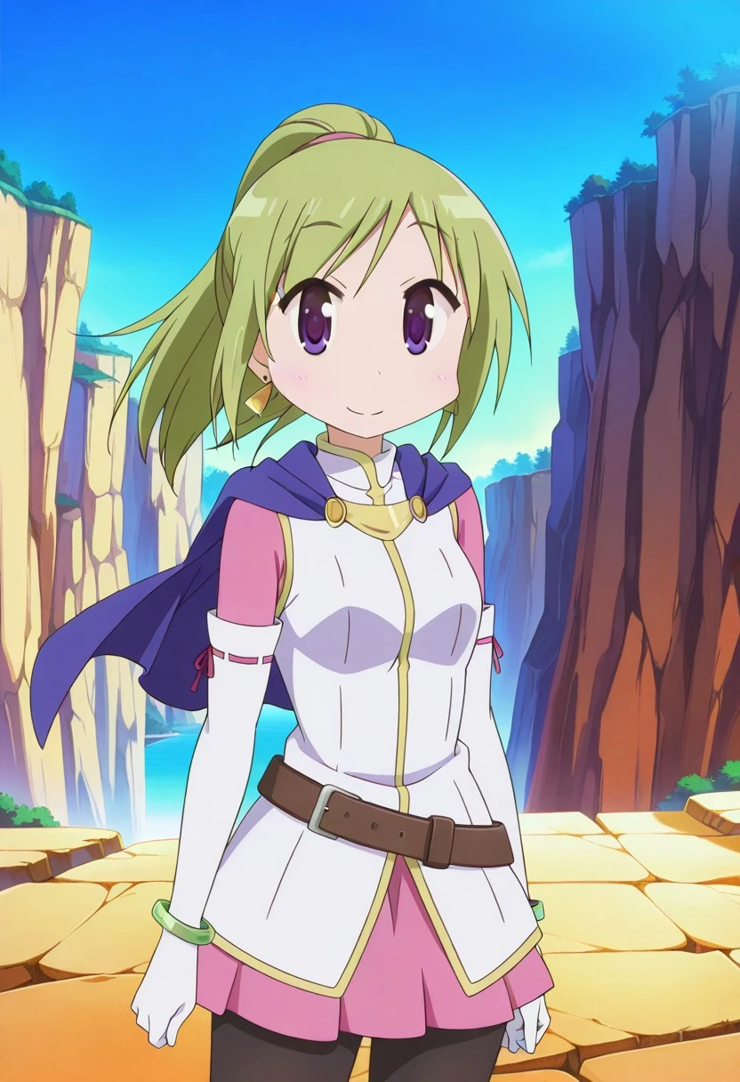official art,  masterpiece, best quality, absurdres, very aesthetic, 1girl, female focus, solo, yuyushiki, anime coloring, Karis_GS, green hair, ponytail, bangs, asymmetrical hair, sidelocks, purple eyes, triangle earrings, capelet, blue capelet, small breasts, mandarin collar, coat, white coat, ribbon trim, gold trim, undershirt, pink shirt, pink sleeves, crossed belts, miniskirt, pink skirt, white gloves, elbow gloves, bracelet, black pantyhose, cowboy shot, outdoors, cliff, wind, looking at viewer, smile