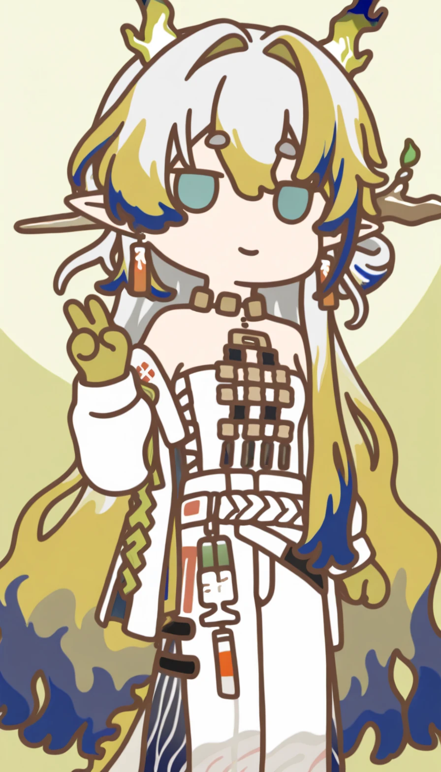 shu \(arknights\),1girl,belt,blonde hair,blue eyes,blue hair,breasts,brown choker,choker,circle,closed mouth,cowboy shot,earrings,grey belt,grey hair,grey jacket,grey shirt,hair between eyes,hair intakes,horns,jacket,jewelry,long hair,multicolored hair,off shoulder,open clothes,open jacket,pants,pointy ears,shirt,small breasts,smile,solo,strapless,strapless shirt,v,very long hair,white pants,yellow horns,,<lora:liuguanghuisu:2>,