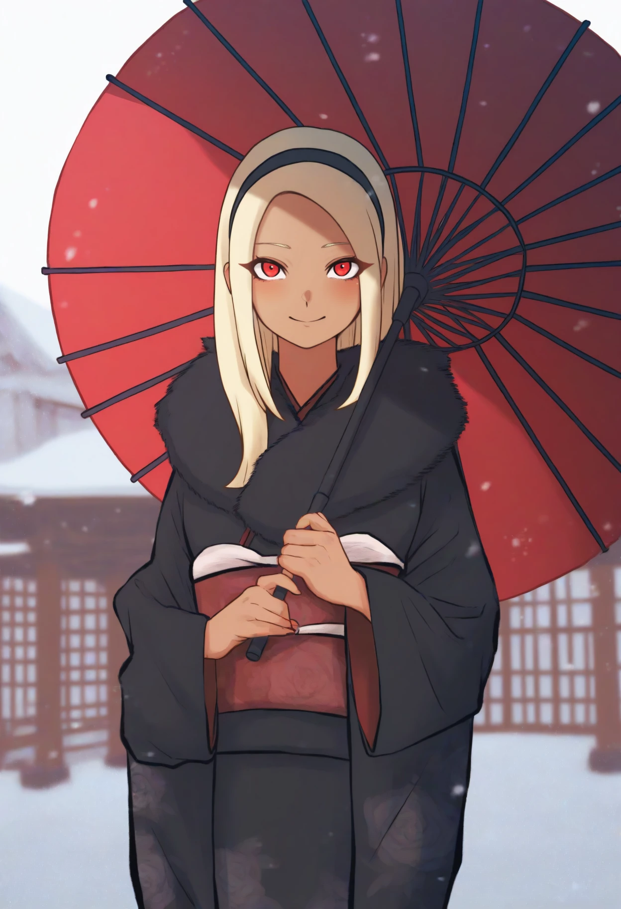 (aosora2823:0.6), masterpiece, best quality, solo, 1girl, k4tdef, dark-skinned female, smile, looking at viewer, holding umbrella, oil-paper umbrella, long hair, blonde hair, black hairband, red eyes, japanese clothes, fur trim, black kimono, floral print kimono, wide sleeves, outdoors, snowing, east asian architecture
<segment:yolo-Anzhc Face seg 640 v2 y8n.pt,0.4,0.5//cid=1>