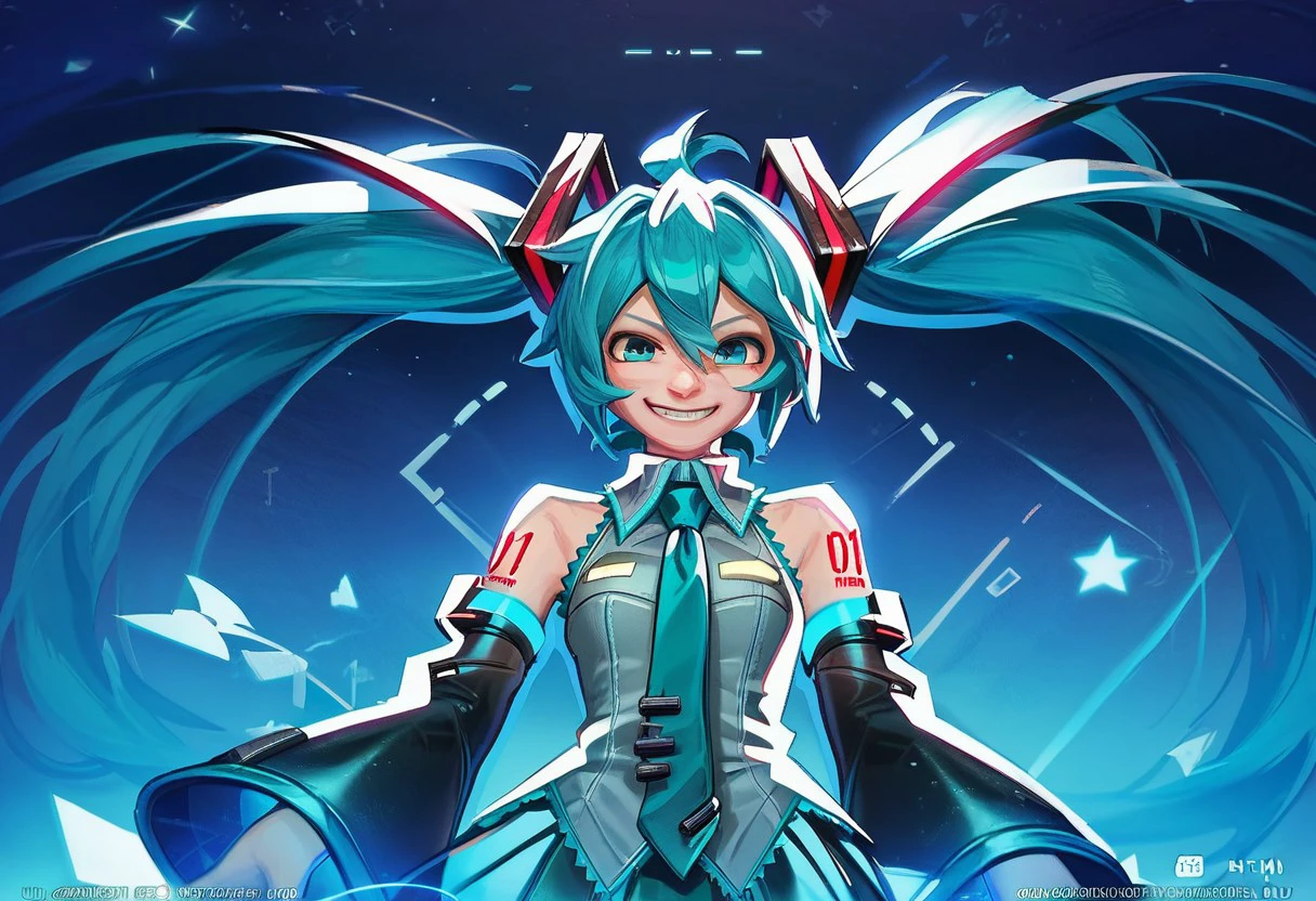 ((mvpscreen, official art)), score_9, score_8, score_7, masterpiece, solo, female focus, 1girl, portrait, fx, power fx, hatsune miku, blue hair vocaloid, skirt, leek, smug smile, !