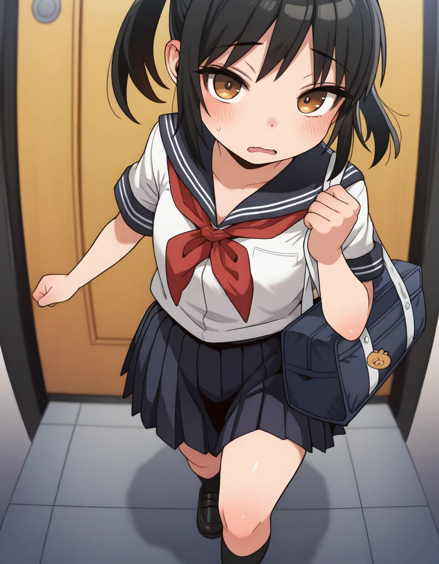 独奏,1 girl pov hands, grab belly,{{onodera kosaki, brown eyes, brown hair, short hair, bangs white seraphuku, light_blue sailor collar, blue skirt, orange necktie, white socks, loafers}Small breasts,Small breasts,chubby(0.3) belly,little angry,Half-closed eyes,in class room,from above,zoom-in