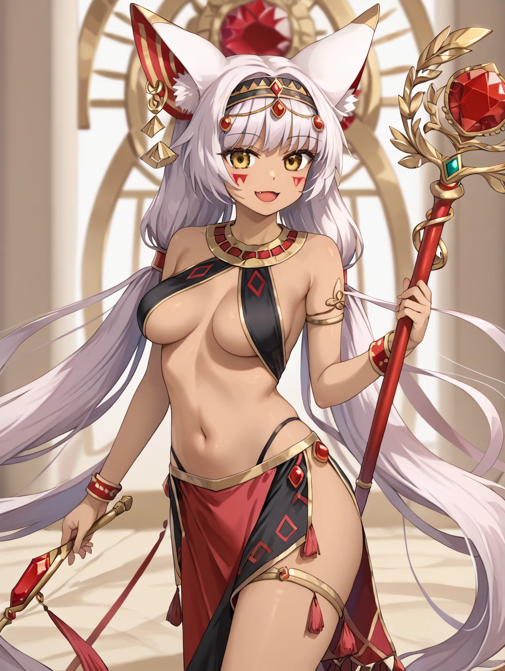lupina, 1girl, solo, long hair, smile, open mouth, navel, holding, animal ears, bare shoulders, twintails, jewelry, medium breasts, very long hair, yellow eyes, white hair, :d, fang, dark skin, bracelet, dark-skinned female, animal ear fluff, tattoo, underboob, feet out of frame, low twintails, facial mark, staff, gem, revealing clothes, pelvic curtain, holding staff, absurdly long hair, thighlet
masterpiece, best quality,amazing quality, very aesthetic, absurdres, depth of field, blurry background, extremely detailed face, detailed eyes