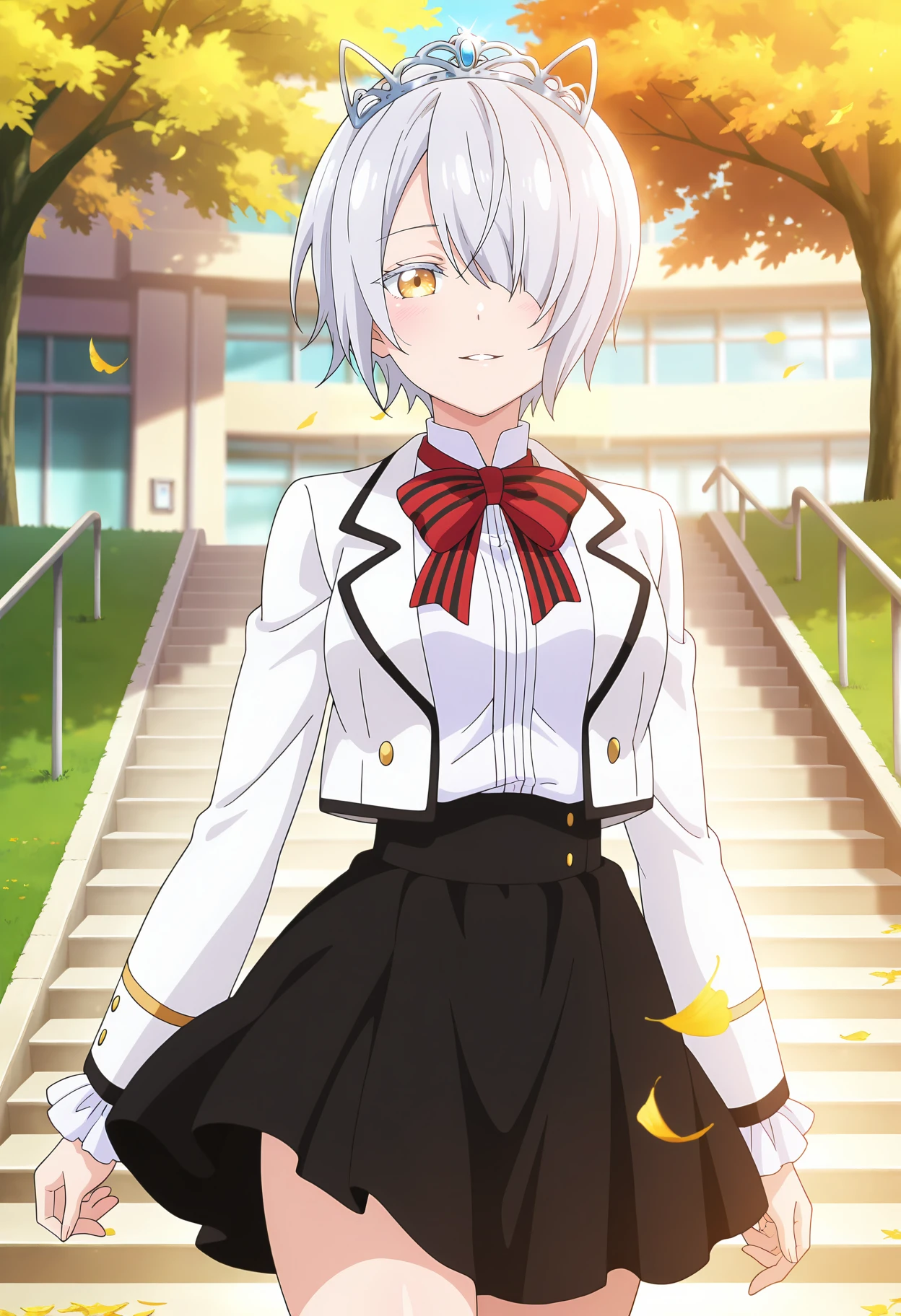 anime screencap, masterpiece, best quality,
<lora:KishukuGakkouNoJuliet_WestiaChartreux_IlluXL:0.9>,
1girl, solo, parted lips, light smile, blush,
short hair, hair over one eye, grey hair, yellow eyes, tiara,
WestiaSchool, blazer, cropped jacket, open jacket, white jacket, buttons, collared shirt, white shirt, vertical-striped shirt, striped bowtie, red bowtie, black bowtie, long sleeves, frilled sleeves, high-waist skirt, black skirt,
standing, looking at viewer, cowboy shot, thighs,
outdoors, school, tree, grass, stairs, falling leaves