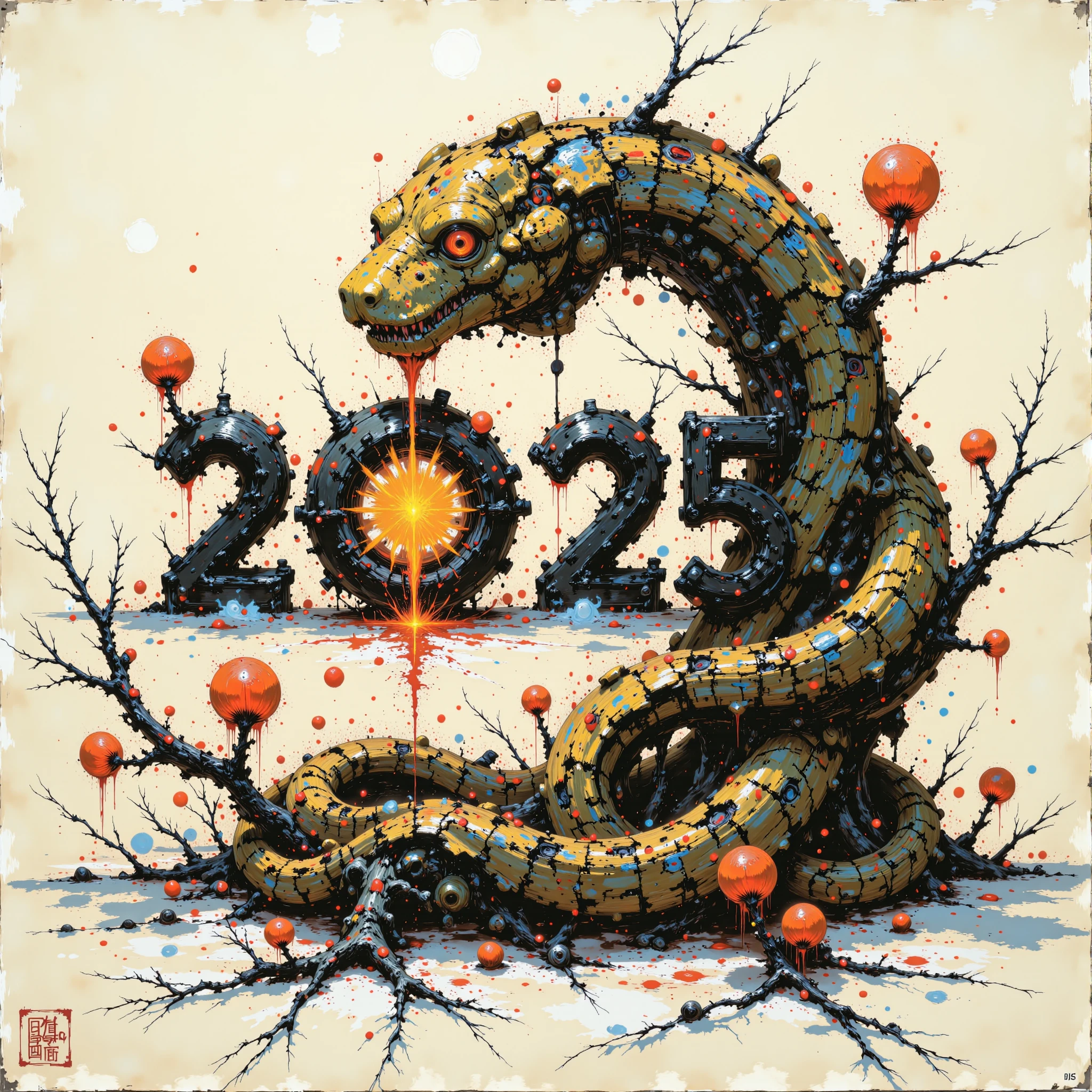A snake with scales resembling wood forms the number 2025, elegantly curved. The snake's head faces forward with its mouth slightly open, as if it were alive. Around him were small red lanterns and scattered plum blossoms.
Background: Plain white with a slight black ink wash effect.
Art Style: Modern calligraphy combined with snake details.
Dominant Colors: Red, gold, brown.