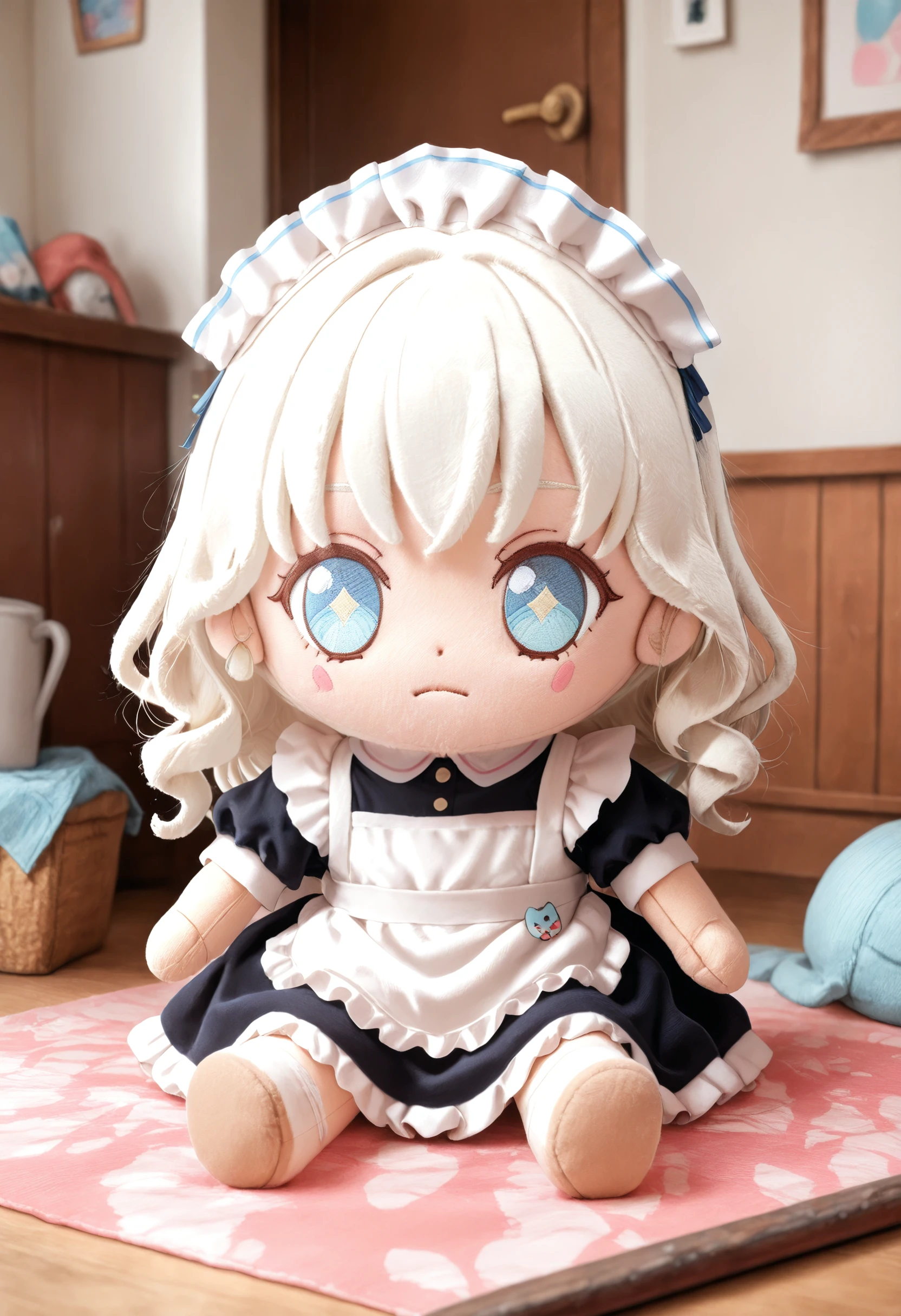 1girl,(sho \(sho lwlw\):0.7),(toosaka asagi:0.5),(sincos:0.3),solo,maid, maid headdress,
(masterpiece:1.1), (best quality:1.1), (newest:1.1), (absurdres:1.1), (highres:1.1),
character doll,chibi, sitting, full body, indoors ,<lora:characterdoll_Illust_v1:0.9>
white hair, blue eyes,ice field,curly hair,