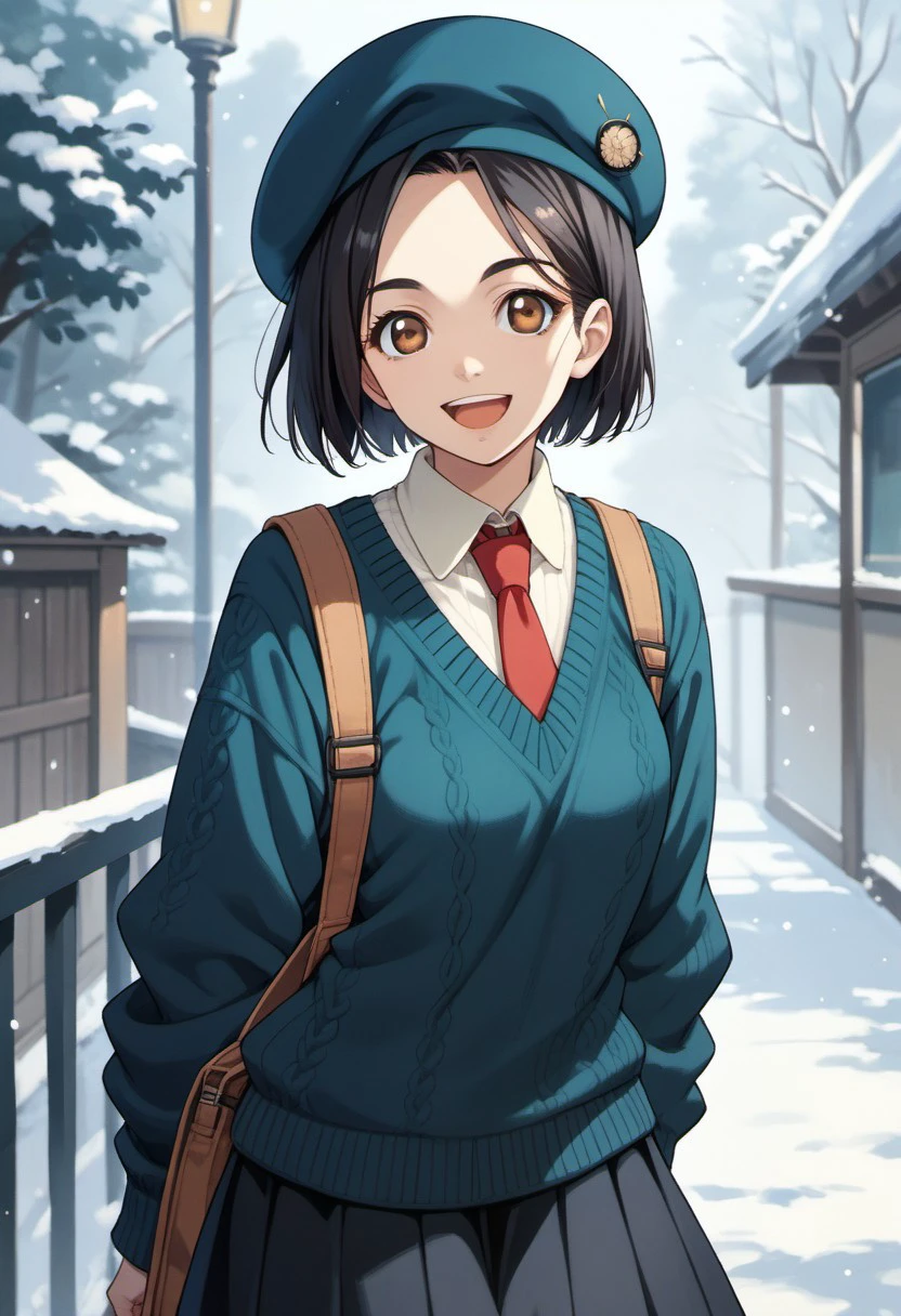 score_9, score_8_up, score_7_up, source_anime, rinwell, short hair, black hair, brown eyes, 1girl, solo, hat, skirt, necktie, sweater, open mouth, smile, beret, red necktie