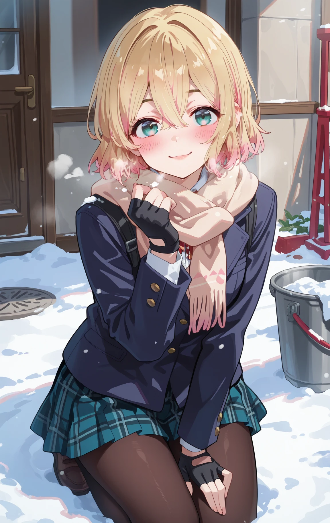 NanamiMamiCYQL,<lora:NanamiMamiCYQL:1>,1girl,solo,blonde hair,short hair,multicolored hair,pink hair,gradient hair,hair between eyes,green eyes,
fingerless gloves, scarf, gloves, skirt, plaid skirt, snow, black gloves, plaid, jacket, smile, looking at viewer, pantyhose, long sleeves, blue jacket, blush, pleated skirt, breath, school uniform, bucket, kneeling, sitting, black pantyhose,
<lora:ponyv4_noob1_2_adamW:0.7>,<lora:spo_sdxl_10ep_4k-data_lora_webui:0.6>,<lora:USNR STYLE_XL_loha:0.45>,<lora:748cmSDXL:1>,usnr,748cmstyle,
masterpiece,best quality,amazing quality,very aesthetic,absurdres,newest,