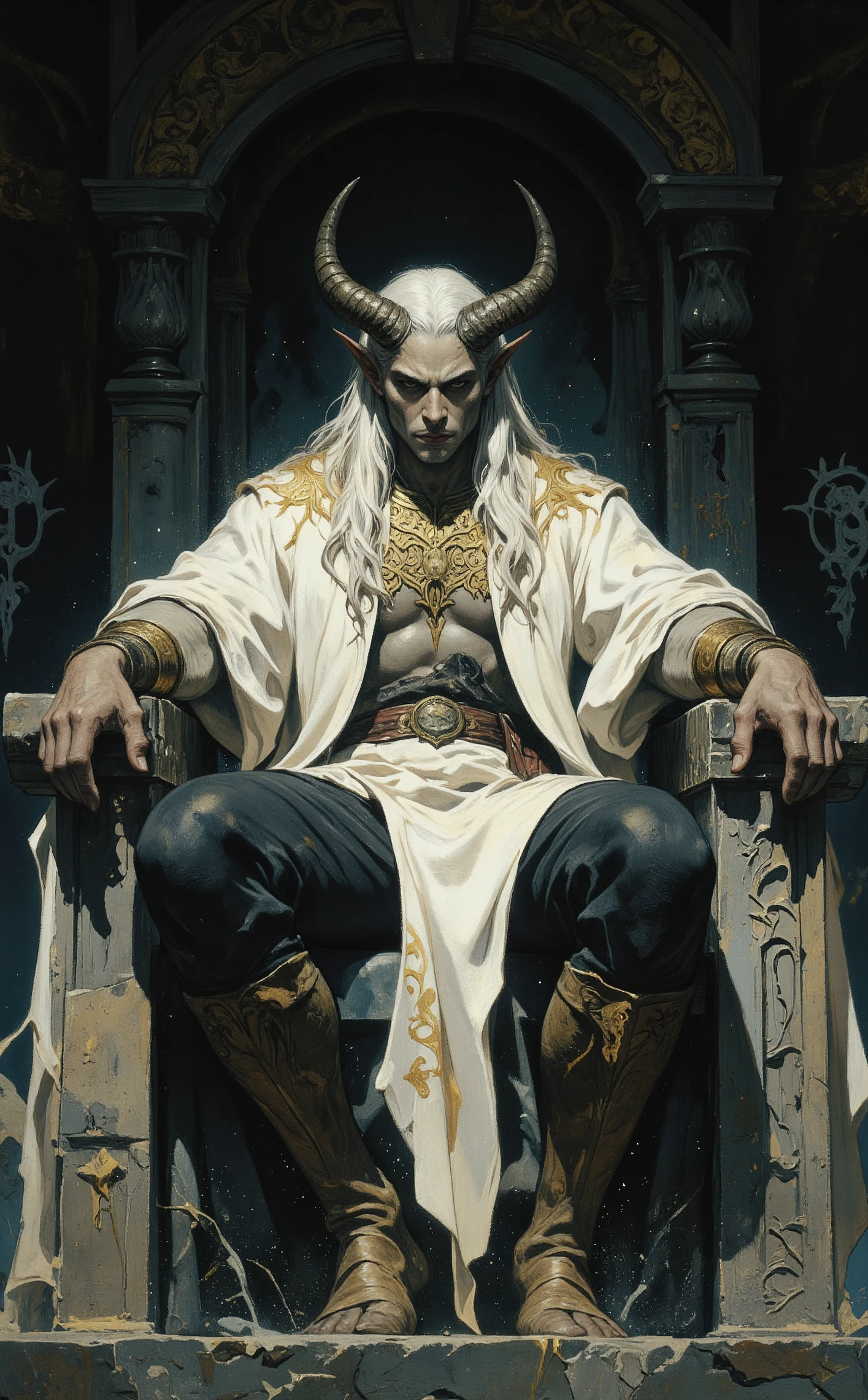 fantasy, painting, illustration, detailed, Off-center composition, extreme close-up on facial detail, The image is a digital illustration of a mythical creature sitting on a throne-like structure. The creature appears to be a man with long white hair and horns on his head. He is wearing a white robe with intricate gold designs on it. His body is muscular and muscular, and his legs are crossed in front of him. He has a serious expression on his face. The throne is made of stone and has intricate carvings and designs on its pillars. The background is dark and gloomy, with a hint of light shining on the creature. The overall mood of the image is ominous and ominous., dark and dim light, ethereal fantasy concept art of cinematic film still fantasy art by Hideyuki Kikuchi, scene art by James Gurney, , Realistic illustration, Dinotopia series, imaginative landscapes, historical accuracy, meticulous detail, horror and fantasy, dark and atmospheric storytelling . shallow depth of field, vignette, highly detailed, high budget, bokeh, cinemascope, moody, epic, gorgeous, film grain, grainy . magnificent, celestial, ethereal, painterly, epic, majestic, magical, fantasy art, cover art, dreamy