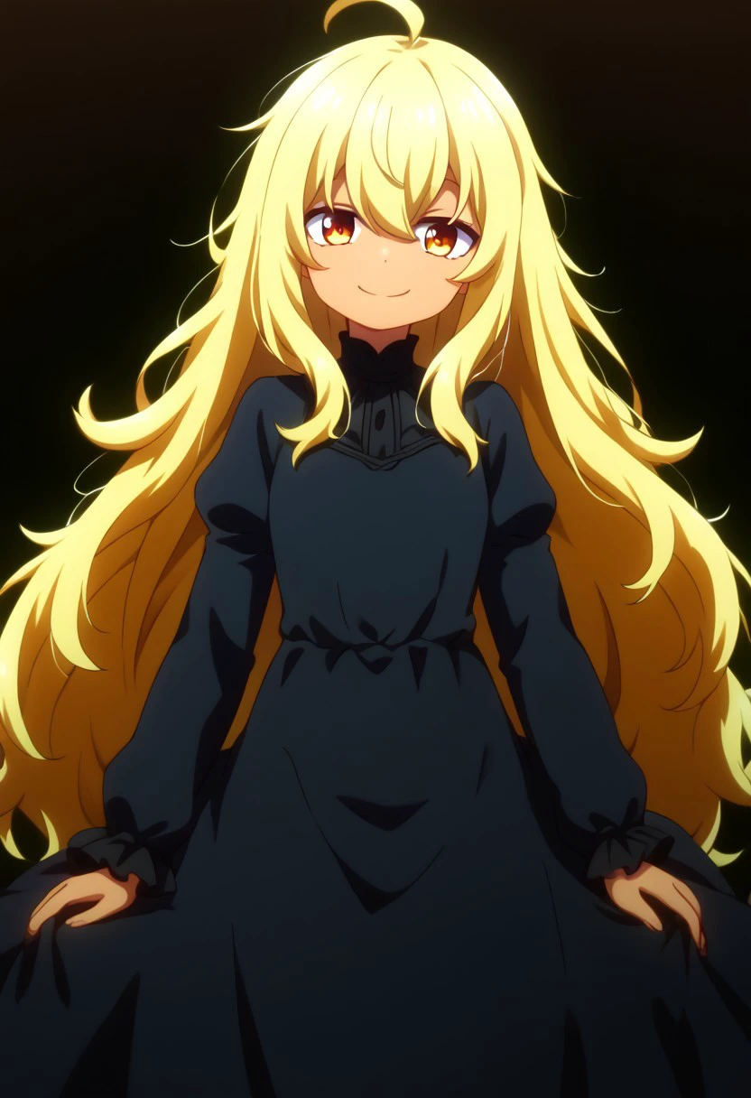 1girl, solo, kana_higa, long blonde hair, amber eyes, tan skin,, black dress, dress, long dress, long sleeves, juliet sleeves, long messy hair, @ @, front view, looking at viewer, head tilt, cheesy smile,, highly detailed, freebo_alloy,
absurdres, high quality, score_7_and_up