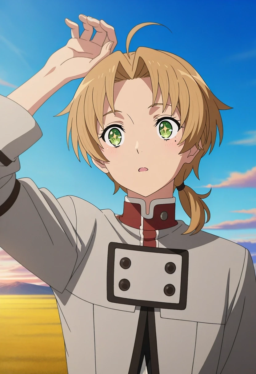 masterpiece, best quality, , anime screencap, anime coloring, , , 1boy, solo, male focus, <lora:rudeus_greyrat_ilxl:1>, rudeus_greyrat, blonde hair, green eyes, short hair, bangs, parted bangs, ahoge, low ponytail, upper body, prairie, dawn, arm up, sparkling eyes,