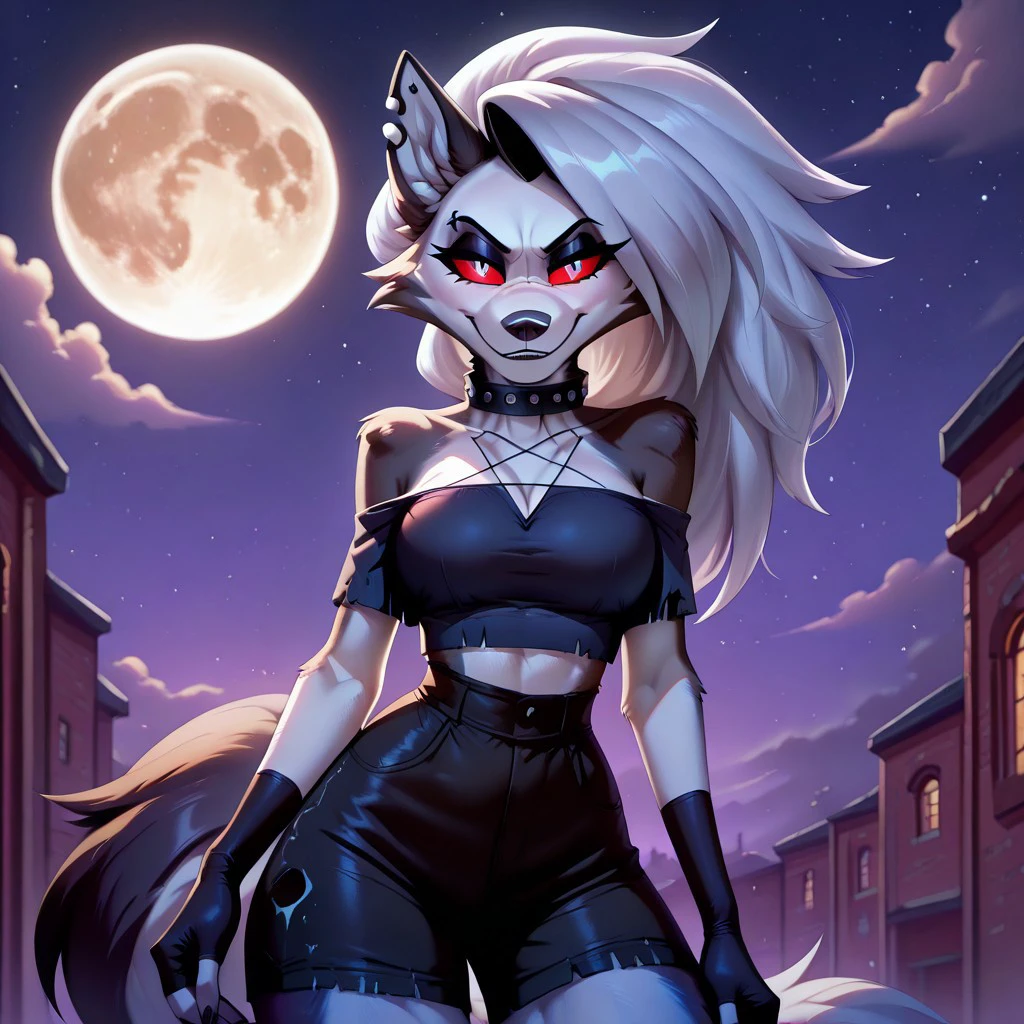 masterpiece, best quality, newest, absurdres, highres, anime, anime style, Dramatic-Moonlight-IL-V1.0, Dramatic light, Moonlight, moon, 1girl, LoonaIllustriousV1Hellhound, furry female, white fur, goth, goth girl, colored sclera, red sclera, white pupil, animal ears, red eyesm fingerless gloves, piercing, collar,