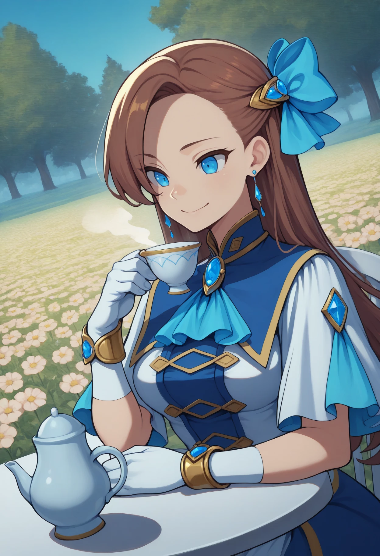 masterpiece, best quality, 1girl, solo, KatarinaClaes, blue eyes, brown hair, long hair, asymmetrical bangs, hair bow, blue bow, earrings, high collar, ascot, brooch, multicolored dress, blue dress, white dress, white sleeves, short sleeves, white gloves, bracelet, sitting, outdoors, on chair, table, teapot, teacup, holding teacup, dutch angle, smile, steam, blue sky, tree, flower field, wide shot, <lora:ChamKatarinaClaesIllustriousXL:1>