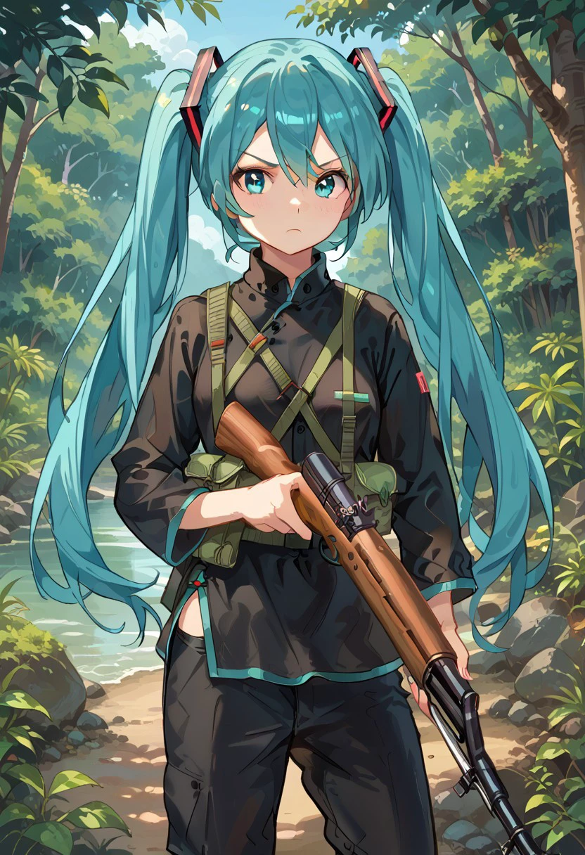 score_8, score_8_up, score_7_up, source_cartoon, 1girl, female focus, solo, rice paddy, jungle, outdoors, Hatsune Miku, aqua hair, twintails, aqua eyes, black pajamas, black shirt, black pants, vietnamese clothes, SKS, rifle, holding gun, holding weapon, cowboy shot, looking at viewer, frown, vietnam