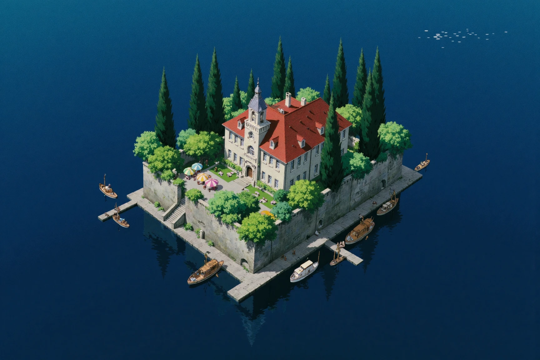 ghibli style image of a solitary island rising from a dark, calm sea. The island is rectangular with a stone wall perimeter, on which rests a grand, light-colored building with a red tiled roof, multiple stories and a central tower. The building is surrounded by lush greenery including numerous tall, narrow trees and varied shrubs and foliage. In front of the building is a small garden space with tables and colorful umbrellas. A stone staircase leads from the garden down to the water. On one side of the island, a stone dock extends out, with multiple boats docked there. Along the side of the island there are even more boats docked within the built in docks. The sea stretches on a dark blue, with a few scattered speckles of white on the horizon. The overall tone is peaceful and serene.