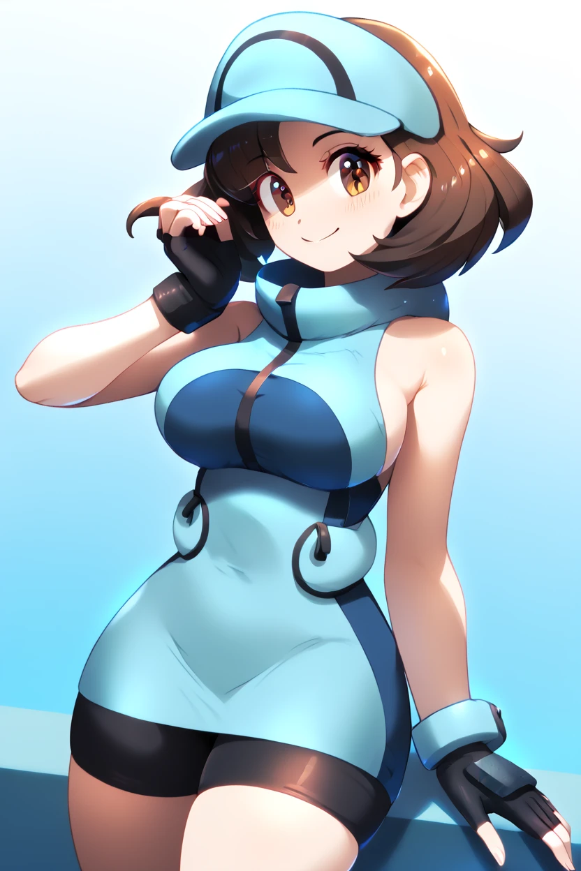 score_9, score_8_up, score_8, medium breasts, (curvy), cute, eyelashes, , zzAceSM, brown eyes, brown hair, medium hair, visor cap, fingerless gloves, sleeveless, hat, black gloves, bike shorts, blue headwear, , <lora:AceTrainerPokemonSM_PDXL:1.0>, BREAK, smile, closed mouth, looking at viewer, cowboy shot, ,,, embedding:zPDXL, Expressiveh, ,,, <lora:Konpeto_PDXL_v3:1.0>, <lora:SDXLFaeTastic2400:0.5>, <lora:Expressive_H-000001:0.4>,