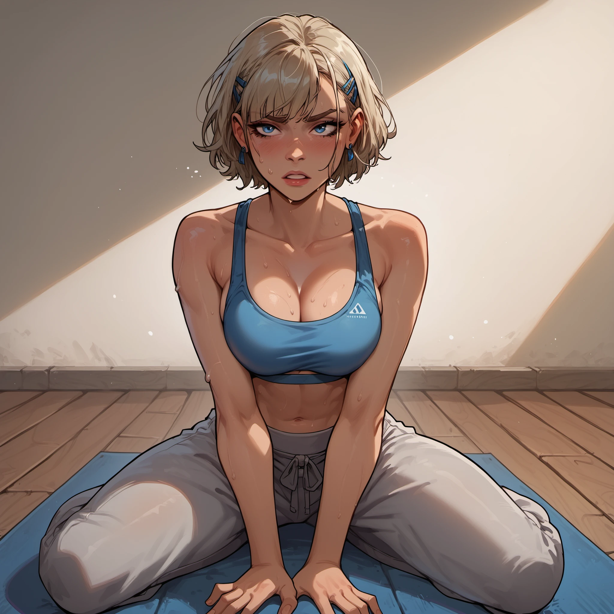 score_9, score_8_up, score_7_up, 1girl, 3m3li3v2ani, platinum blonde,solo,(grey sweat pants:1.25), sports bra, thick thighs,, (messy blonde short hair:0.5), blank background,,blue yoga mat on wooden floor, kneeling,spread legs, clear eyes, aroused expression, blue eyes, moan ,<lora:incase-ilff-v3-4:0.45> <lora:Emelie Nobody Animated Style_epoch_11:0.35> <lora:Akabur_Style_PDXLv2:0.45> 4k4bur5tyl3 <lora:Expressive_H:0.85> expressiveh <lora:Quality tweaker_last:2> <lora:GDXLP:0.25> gd