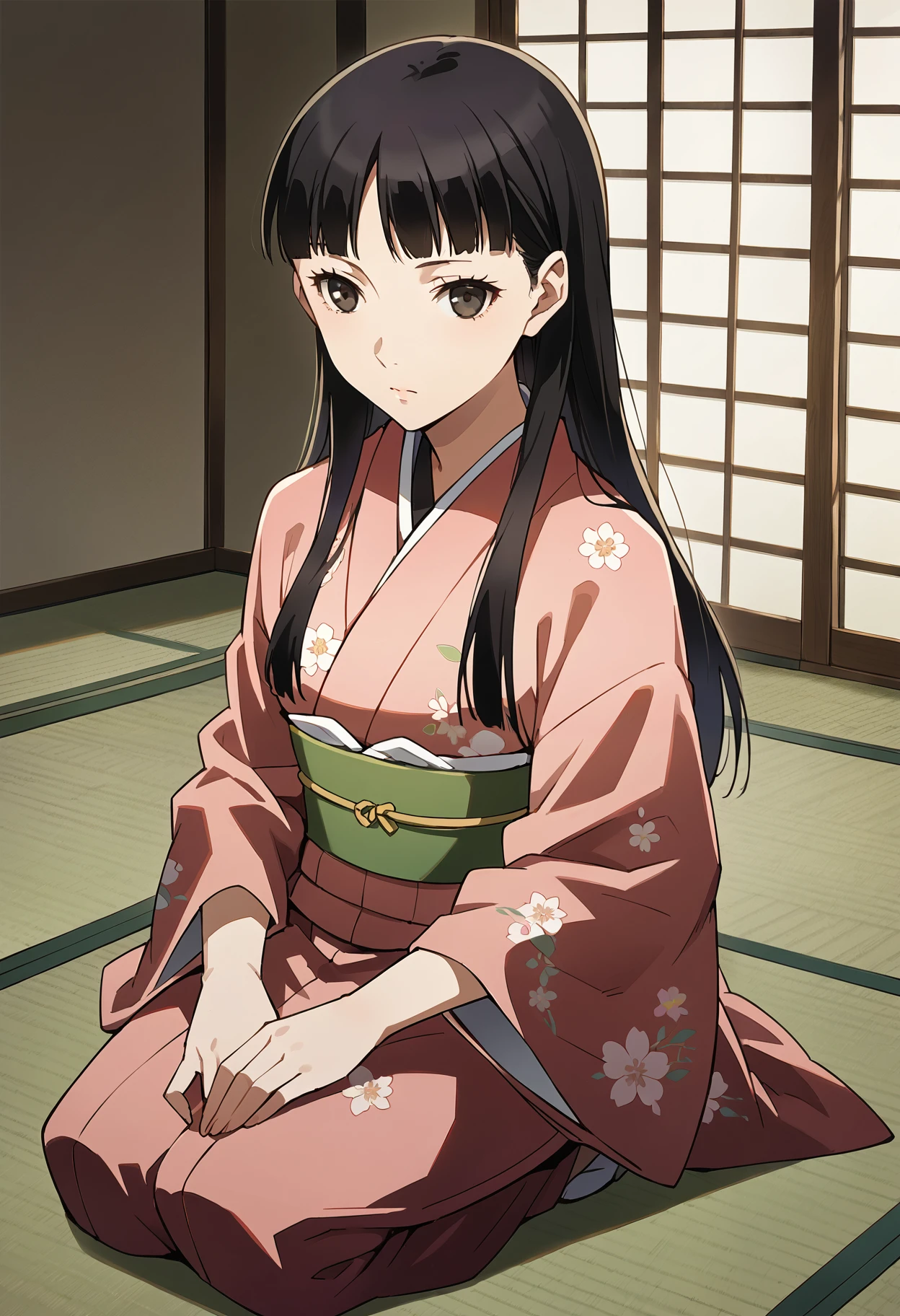 score_9, score_8_up, source_anime
1 girl, solo, cute face,
p4yukiko, amagi yukiko, long hair, black hair, bangs,
p4yukiko-kimono, japanese clothes, pink kimono, floral pattern, obi, green obi
indoors, tatami, kneeling, expressionless,
masterpiece, best quality, ultra detailed,