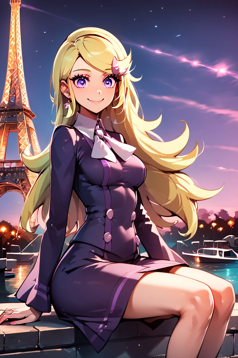score_9, score_8_up, score_8, medium breasts, (curvy), cute, eyelashes, , zzAceXY, purple eyes, blonde hair, long hair, swept bangs, hair ornament, hairclip, long sleeves, purple skirt, purple shirt, , <lora:AceTrainerPokemonXY_PDXL:1.0>, BREAK, zzEiffelTower in background, sitting, watercraft, boat, sitting on wall, side view, looking at viewer, smile, ,,, BREAK, blooming stars, luminescent petals, otherworldly fragrance blurry background, ,,, embedding:zPDXL, Expressiveh, ,,, <lora:EiffelTowerPDXL:1.0>, <lora:CatalystStylePDXL:0.6>, <lora:SDXLFaeTastic2400:0.5>, <lora:Expressive_H-000001:0.4>,