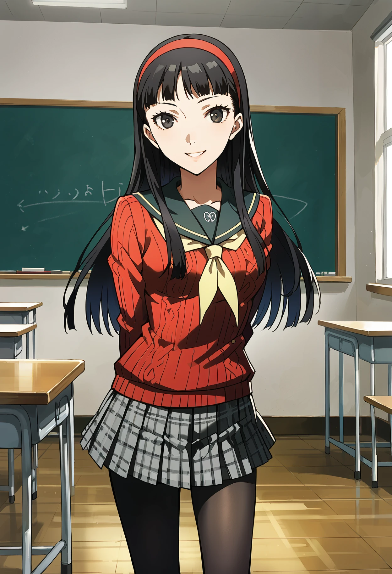 score_9, score_8_up, source_anime
1 girl, solo, cute face,
p4yukiko, amagi yukiko, long hair, black hair, bangs, hairband,
p4yukiko-winuni, yasogami school uniform, school uniform, sweater, red sweater, skirt, pleated skirt, houndstooth, pantyhose, black pantyhose,
classroom, standing, looking at viewer, smile, hands behind back, cowboy shot,
masterpiece, best quality, ultra detailed,