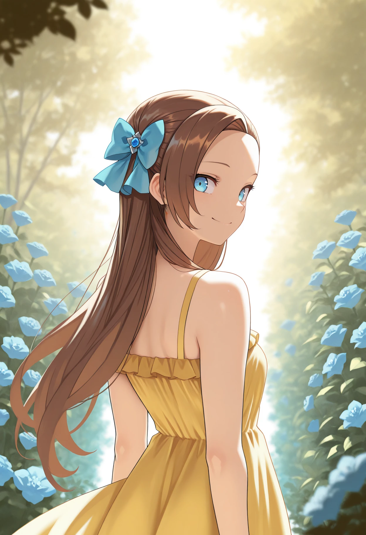 masterpiece, best quality, 1girl, solo, KatarinaClaes, blue eyes, brown hair, long hair, asymmetrical bangs, hair bow, blue bow, from behind, yellow sundress, sleeveless, garden, flower, looking back, smile, <lora:ChamKatarinaClaesIllustriousXL:1>