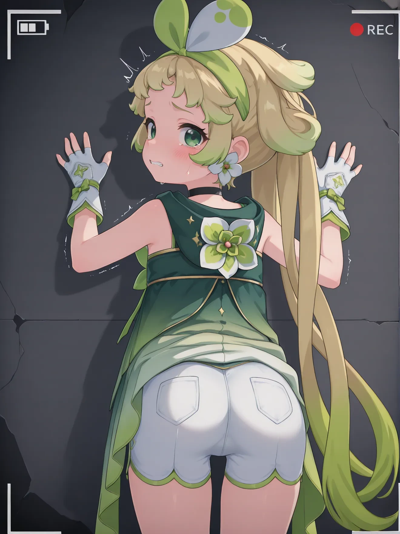 masterpiece, best quality, absurdres, high quality, vignetting, broken wall, grey wall, dark, viewfinder, from behind, against wall, leaning forward, standing, dress lift, blush, tears, looking at viewer, teeth, trembling,
<lora:verina:0.9> aged down, blonde hair, twintails, hair rings, gradient hair, green hair, bow hairband, green eyes, flower earrings, black choker, green dress, sleeveless dress, gradient dress, white shorts, white gloves, fingerless gloves,