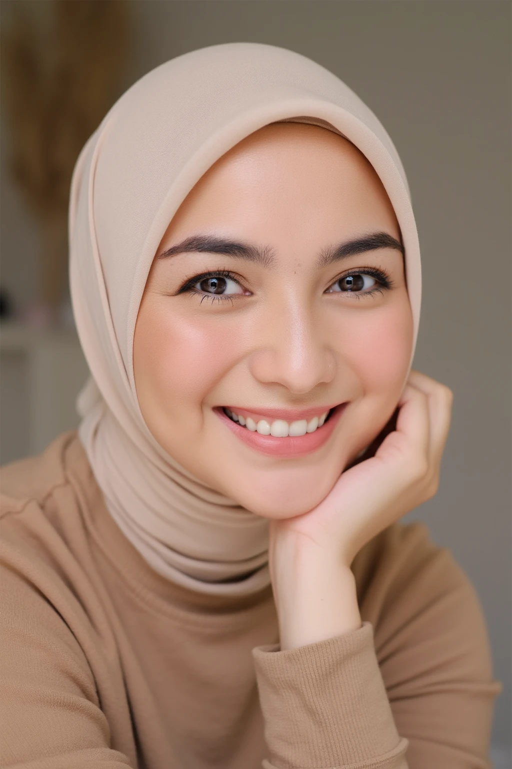 A close-up photo of CitraKirana with soft beige hijab. She is looking at the viewer with bright and loving eyes, grin with her teeth. She is leaning forwardal. Close-up of face, very detailed. She is wearing a perfect brown soft sweater. Hasselblad H6D-400c MS, low exposure, high contrast, ISO 100, with a 120mm macro lens.
