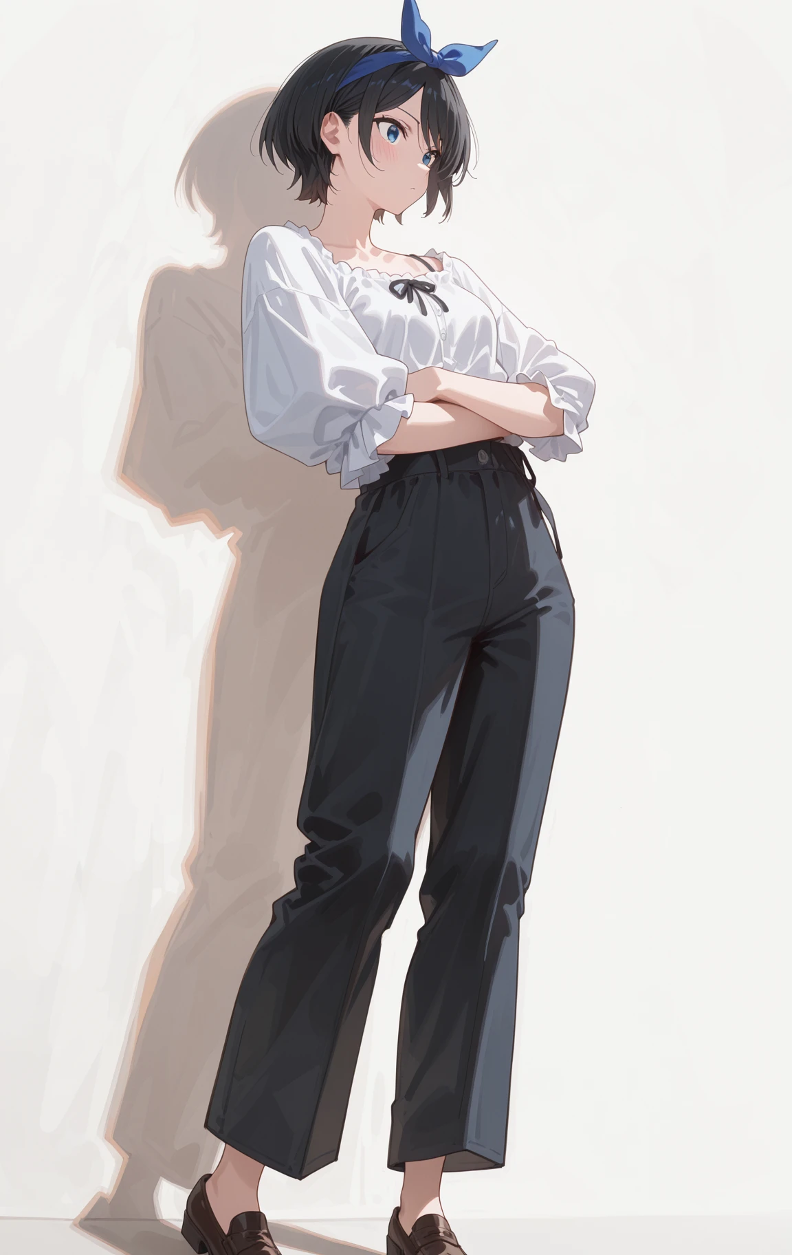 perfect quality,high quality,masterpiece,best quality,amazing quality,very aesthetic,absurdres,Cinematic Lighting,newest,Tactical use of shadow,
front view,full_shot,Joyful laughter,
SarashinaRukaCYQL,<lora:SarashinaRukaCYQL:1>,1girl,solo,short hair,black hair,bangs,hairband,blue eyes,Wide-leg trousers, puff sleeve blouse, heeled loafers,
full body,standing,hugging_own_legs,,
mediumblue background,simple background,
<lora:ponyv4_noob1_2_adamW:0.7>,<lora:spo_sdxl_10ep_4k-data_lora_webui:0.6>,<lora:USNR STYLE_XL_lokr:0.45>,<lora:illustrious_all_rated_v1:0.7>,<lora:96YOTTEA-WAI:0.8>,
