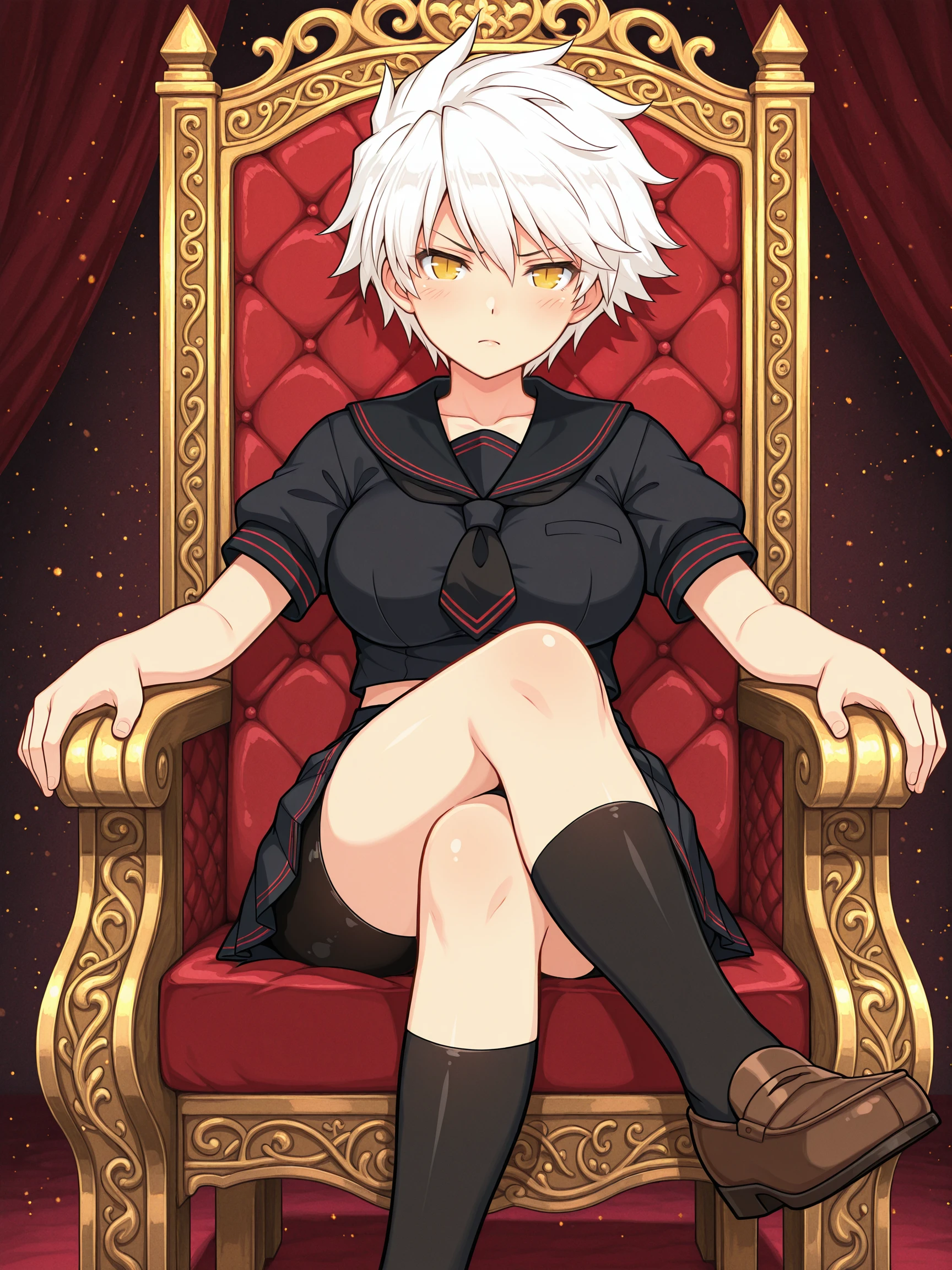 masterpiece, best quality, amazing quality, frostbite
(solo:1.4), Miyabi_IL, yellow eyes, slit pupils, short hair, white hair, large breasts, BREAK, Miyabi_hebijo, school uniform, red stripe piping, black sailor collar, black tie, black serafuku, black shirt, short sleeves,black skirt, pleated skirt, bike shorts, black legwear, brown loafers
throne, sitting, crossed legs
<lora:SK_Miyabi_IL:1>
<lora:frostbitev2_Illu_dwnsty:0.7>