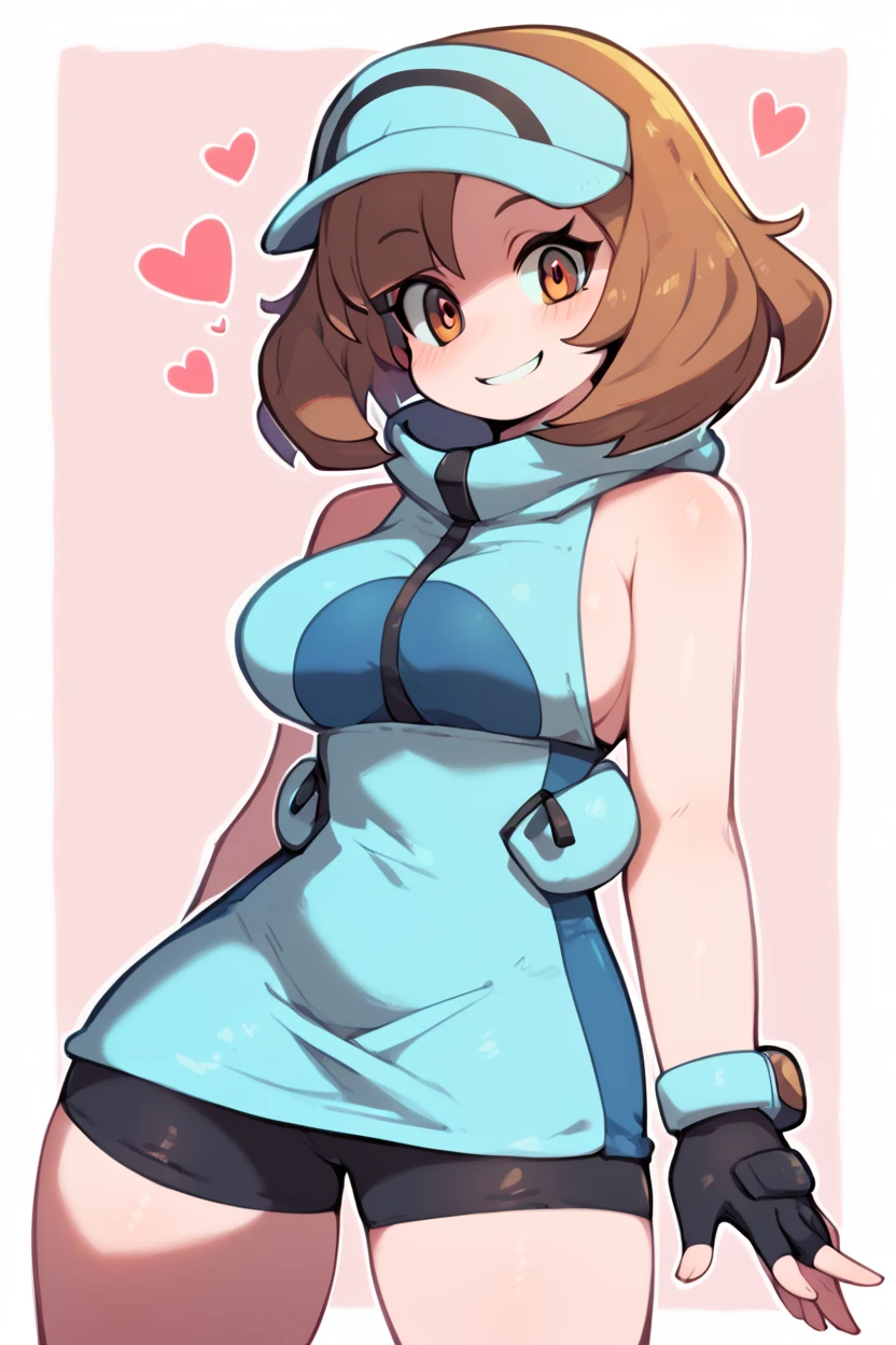 score_9, score_8_up, score_8, medium breasts, (curvy), cute, eyelashes, , zzAceSM, brown eyes, brown hair, medium hair, visor cap, fingerless gloves, sleeveless, hat, black gloves, bike shorts, blue headwear, , <lora:AceTrainerPokemonSM_PDXL:1.0>, BREAK, smile, looking at viewer, cowboy shot, ,,, embedding:zPDXL, Expressiveh, ,,, <lora:Zankuro_Style_PDXL:0.8> <lora:SDXLFaeTastic2400:0.5>, <lora:Expressive_H-000001:0.4>,