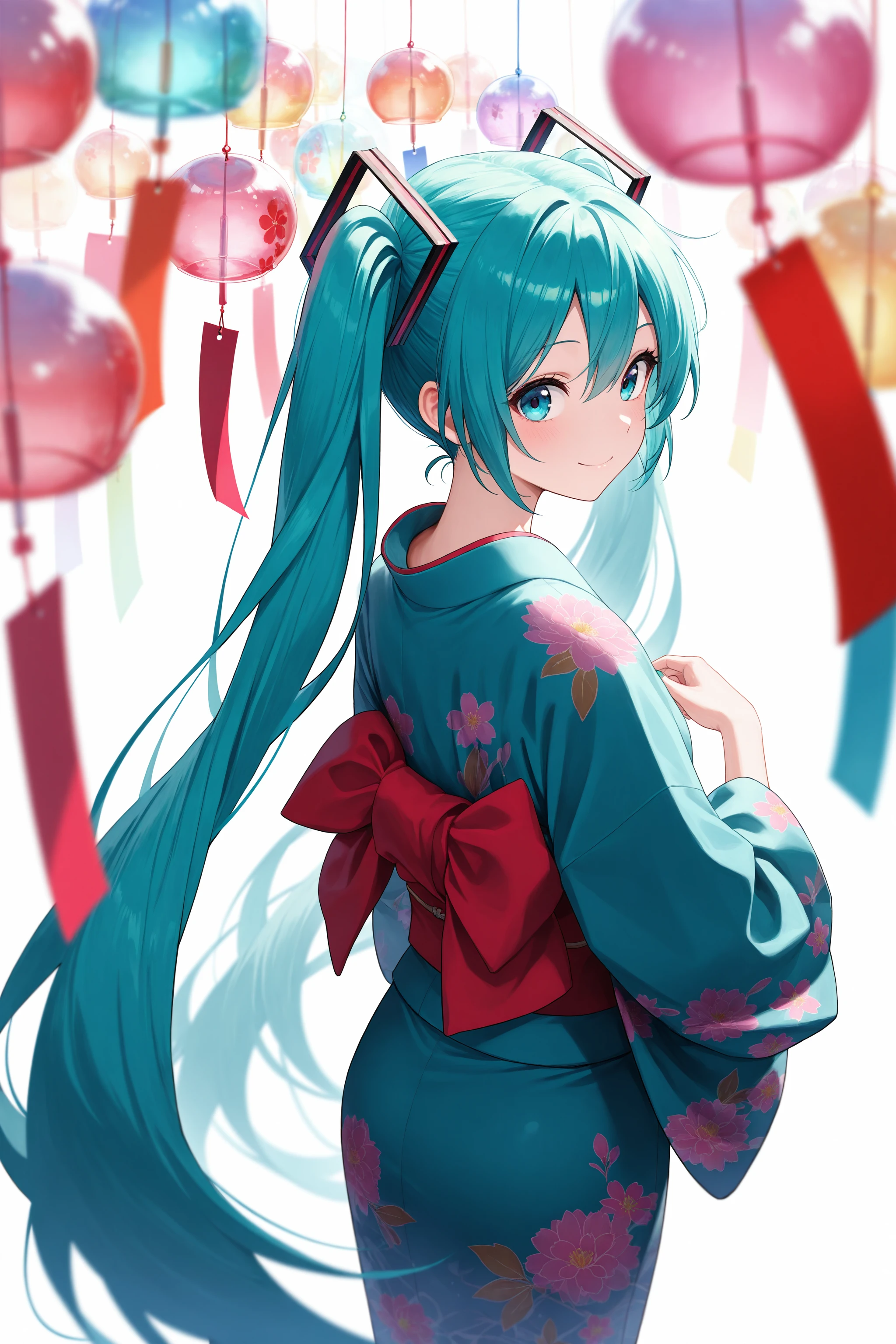 masterpiece, best quality, absurdres, safe
1girl, hatsune miku, wind chime, looking back, smile, kimono
depth of field, foreshortening, white background
<lora:many_wind_chime_il_2_d16:1>