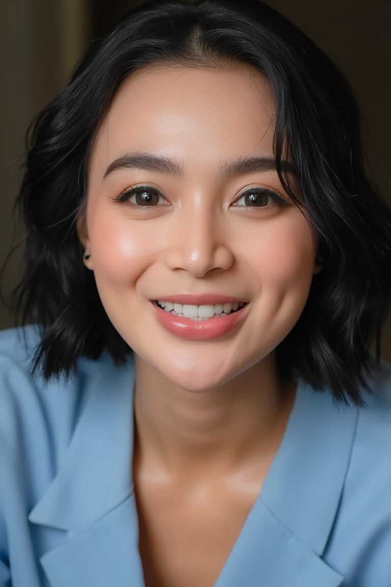 A girl WikaSalim. She is looking at the viewer with bright and loving eyes. She is leaning forwardal, genuine grin with her teeth. Close-up of face, very detailed. She is wearing a perfect soft blue very deep v-neck. Hasselblad H6D-400c MS, low exposure, high contrast, ISO 100, with a 120mm macro lens.