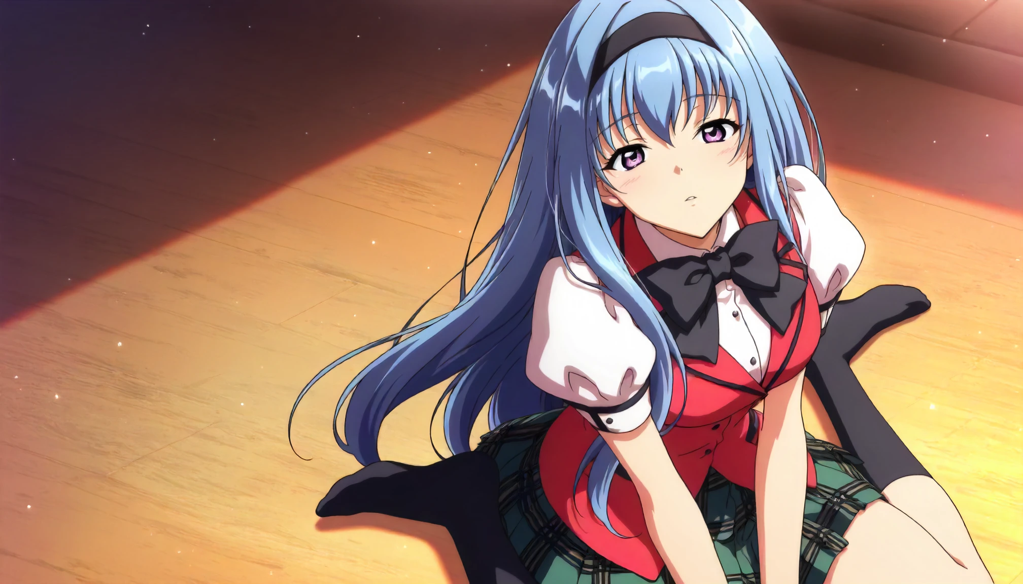 <lora:KKS_takatoo_nanaseXLIllustrious001>,
masterpiece,best quality,good quality,newest,
glitter,
half-closed eyes,parted lips,
looking at viewer,
solo,
anime coloring,
takatoo_nanase\(kakyuusei\),1girl,blue hair,long hair,hair band,purple eyes,
white shirt,red vest,black bow tie,puffy_sleeves,short_sleeves,
green skirt,pleated_skirt,plaid_skirt,
black socks,
sitting,wariza,