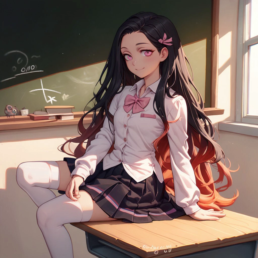 score_9, score_8_up, score_7_up, 1girl, solo, gradient hair, black hair, very long hair, pink eyes, scholar outfit, white shirt, black pleated skirt, white thighhighs, black shoes, classroom, window, sunny day, smile, sun light, chalkboard