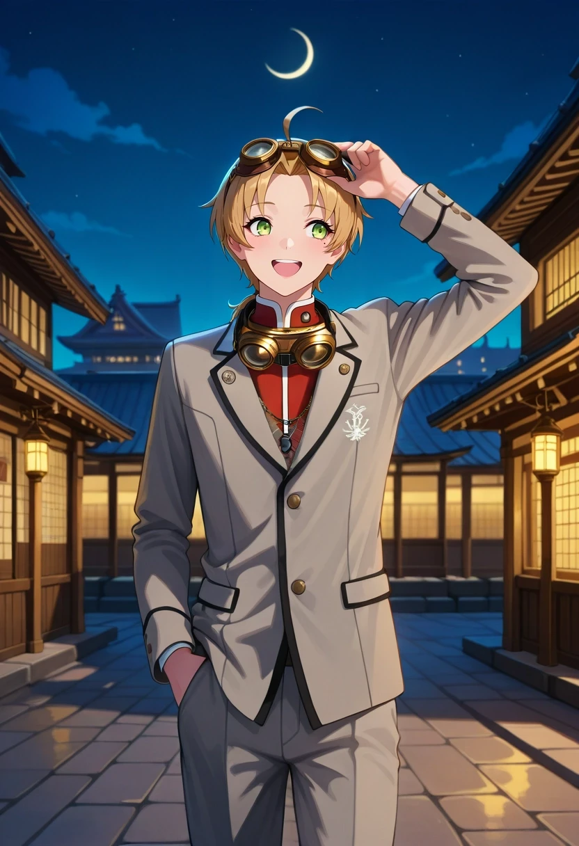 masterpiece, best quality, intricate details, (photorealistic:0.6), , 1boy, solo, male focus, <lora:rudeus_greyrat_ilxl:0.9>, rudeus_greyrat, blonde hair, green eyes, short hair, bangs, parted bangs, ahoge, mole under eye, , rule of thirds, town, japanese architecture, night, crescent moon, arm up, giggling, Pleated golf pants, BubblegumPink Zigzag Mesh Blazer, , , Steampunk Goggles
