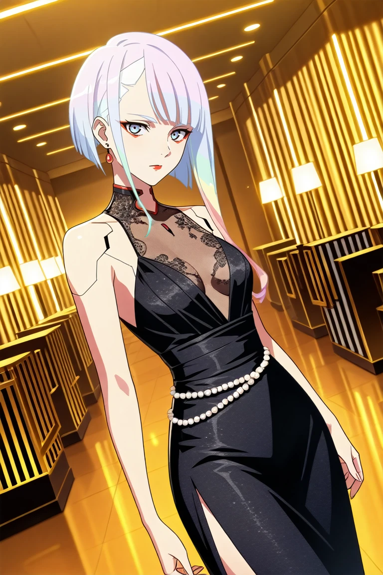 masterpiece, best quality, absurdres,
<lora:ILERLucy:0.8>
ERLucy, 1girl, multicolored hair, asymmetrical hair, cyborg, looking at viewer, Dutch angle, beaded dress, earrings, elegant, makeup, fancy party room, indoor, golden details, dramatic light
