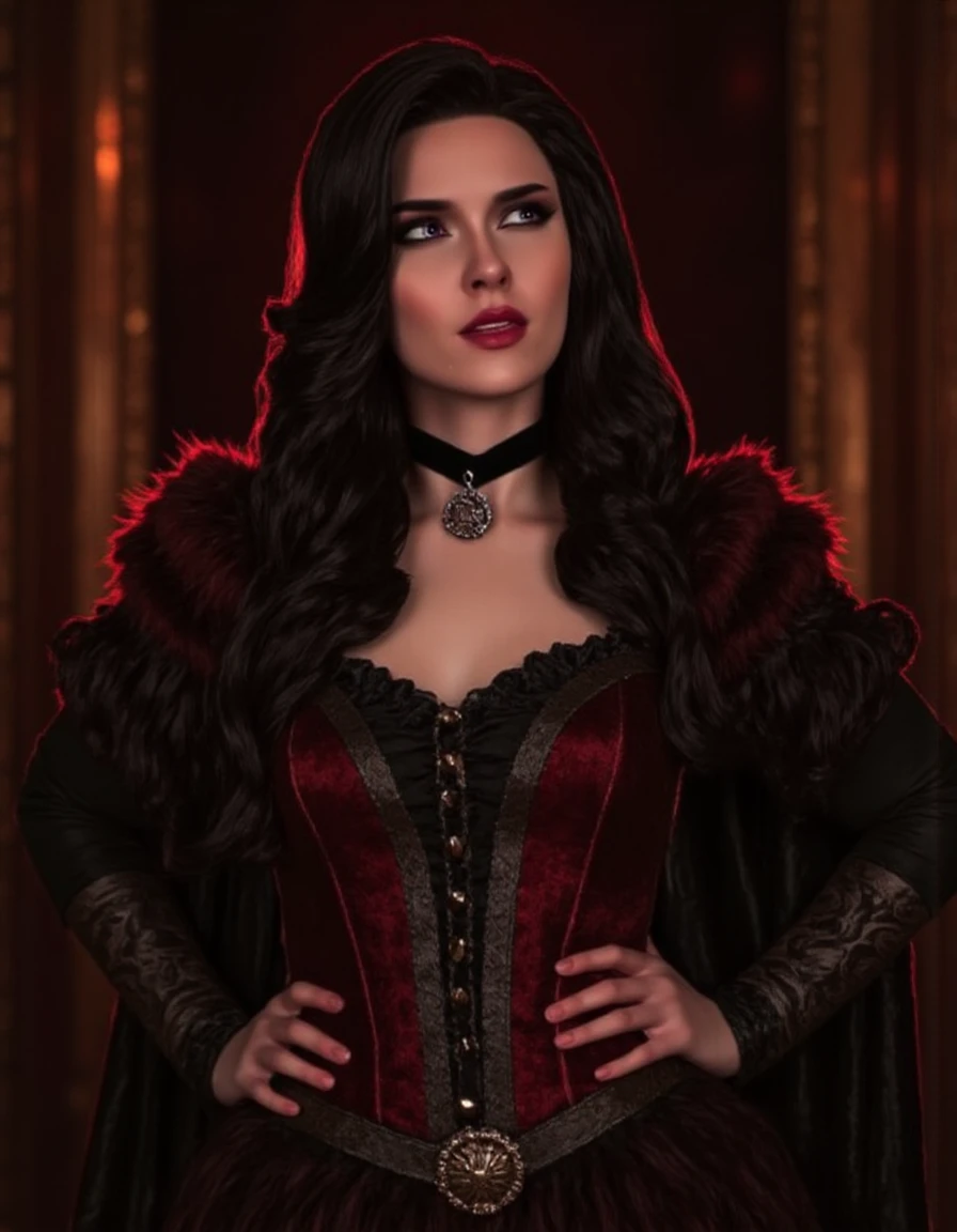 <lora:Ilona_Bugaeva_Sladkoslava-000018:1>, portrait of a busty woman dressed as Yennefer, in fancy medieval royal cabinet, arms on hips, serious look, dynamic pose, purple eyes, <lora:yennefer_3000:0.8>