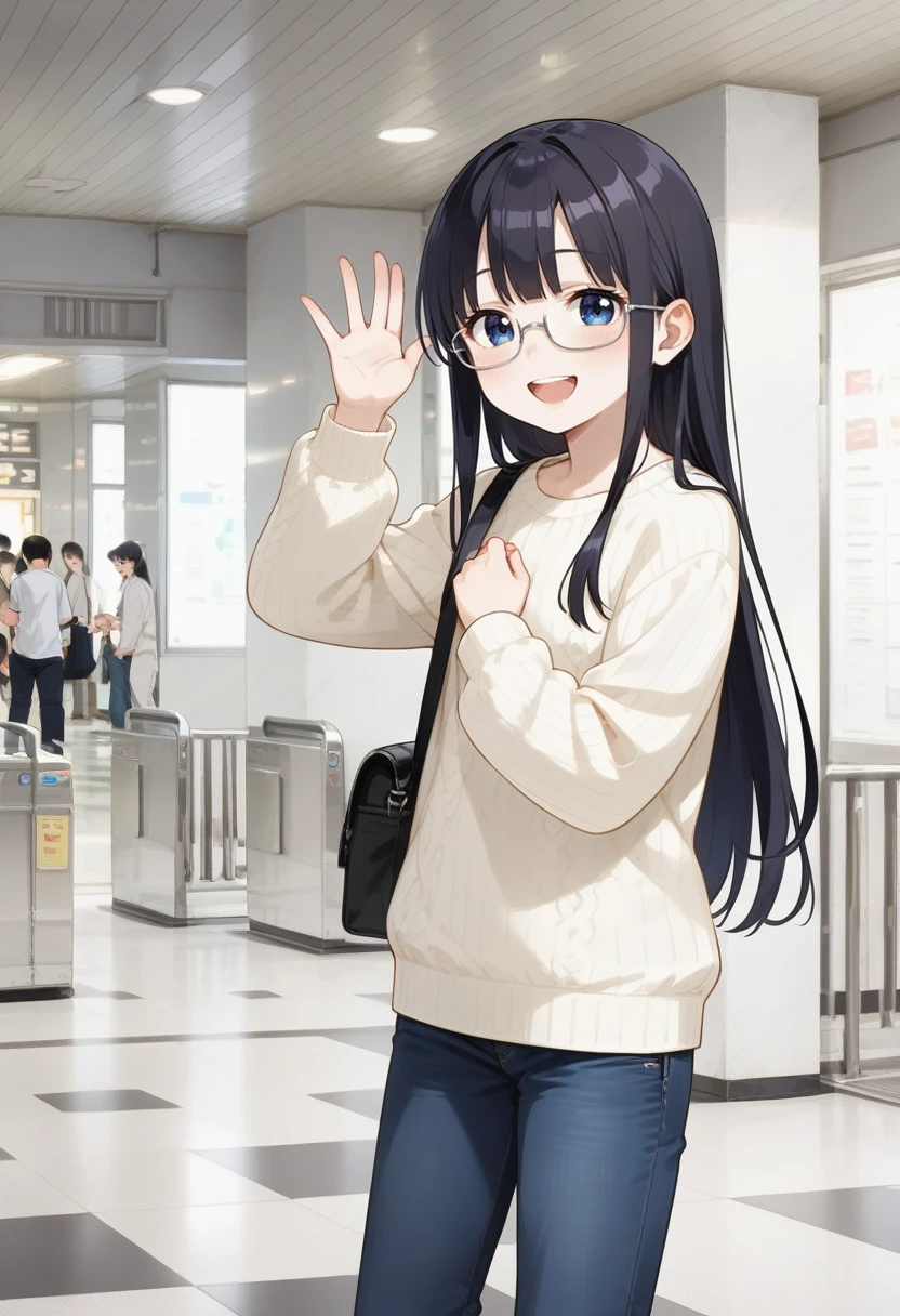score_9, score_8_up, score_7_up, rating_safe, masterpiece, best quality, absurdres, unity 8k wallpaper, official art, official style, source_anime, uncensored, game cg, megami magazine,
1girl, solo, glasses, black hair, long hair, duffle coat, white ribbed sweater, jeans, bag, happy, smile, looking at viewer, open mouth, solo focus, face focus, waving,
osakaeki, midosujiguchi, indoors, multiple boys, tiles, tile floor, scenery
<lora:OSAKA_midosujiguchi_pony_V2:1>