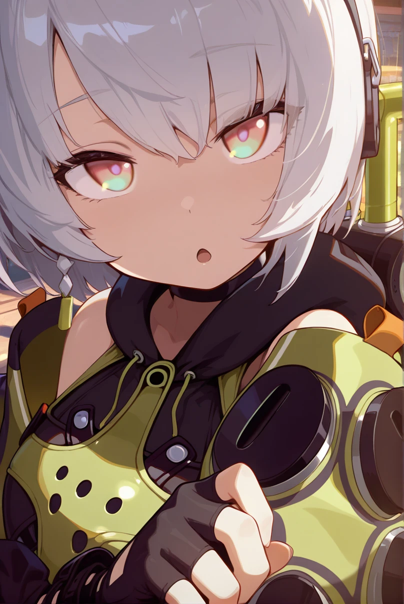 masterpiece,best quality,amazing quality,very aesthetic,absurdres,ultra detailed face,ultra detailed eyes,
<lora:AnbyDemara:0.9>, anbydemara, 1girl, solo, looking at viewer, short hair, backpack, jacket, open mouth, gloves, upper body, white hair, black gloves, fingerless gloves
<lora:xmc_v0.3_noobai_cwhj:0.8>,<lora:illustrious_best_quality_v1:0.8>