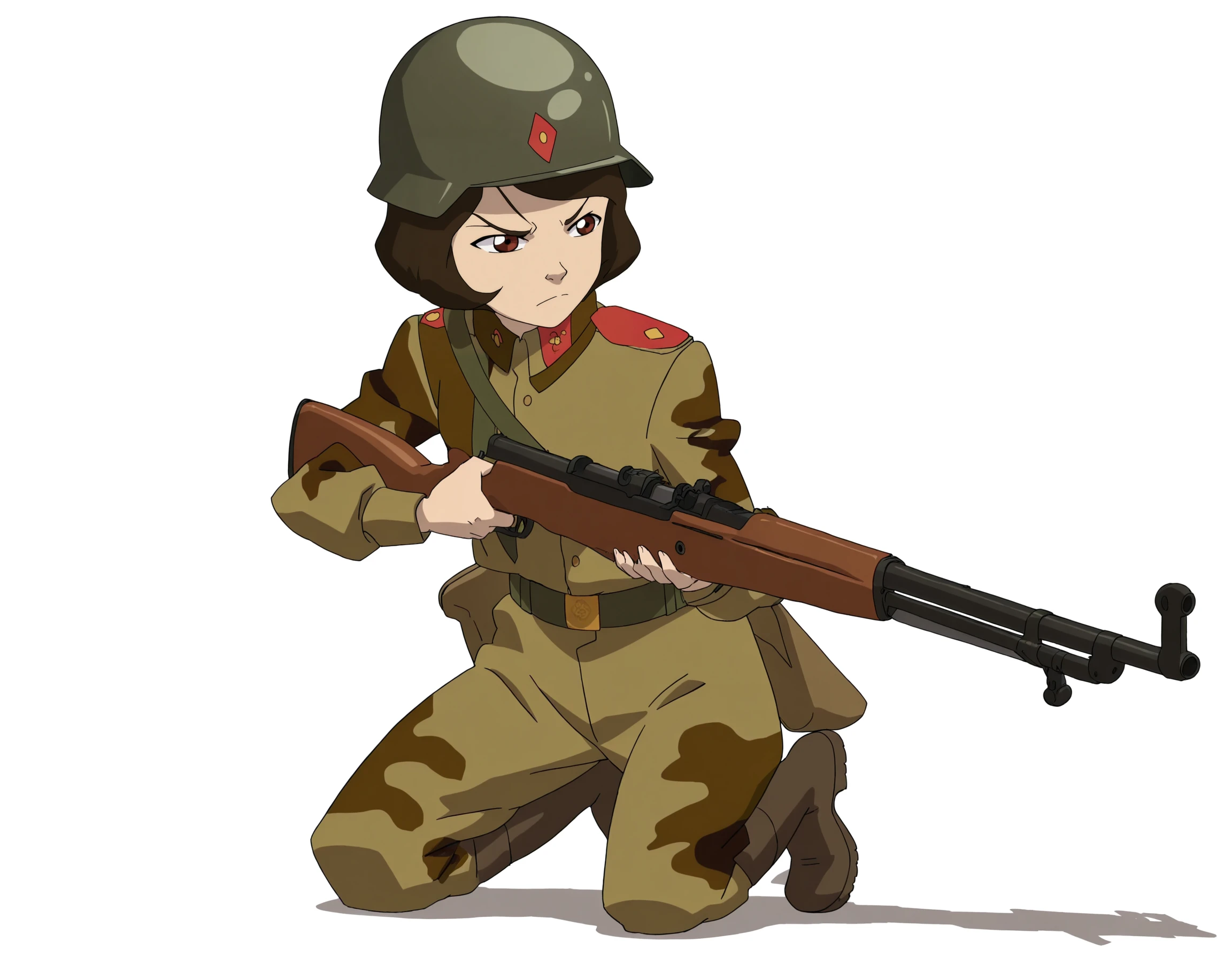 solo, perfect composition, shadows, shading, <lora:anime_screencap-Illustrious:0.7> anime screencap, anime coloring, very aesthetic, absurdres, zPDXL, <lora:Pony_DetailV2.0:0.5> <lora:illustrious_quality_modifiers_masterpieces_v1:1>
<lora:j1n0r2IL:1> j1n0r2il, 1girl, army helmet, female focus, serious, serious, <lora:Type_56_Carbine:1> sks, rifle, holding gun, shooting pose, on one knee,
military uniform, camo, pouches, belt, boots,
white background, simple background, explosions,