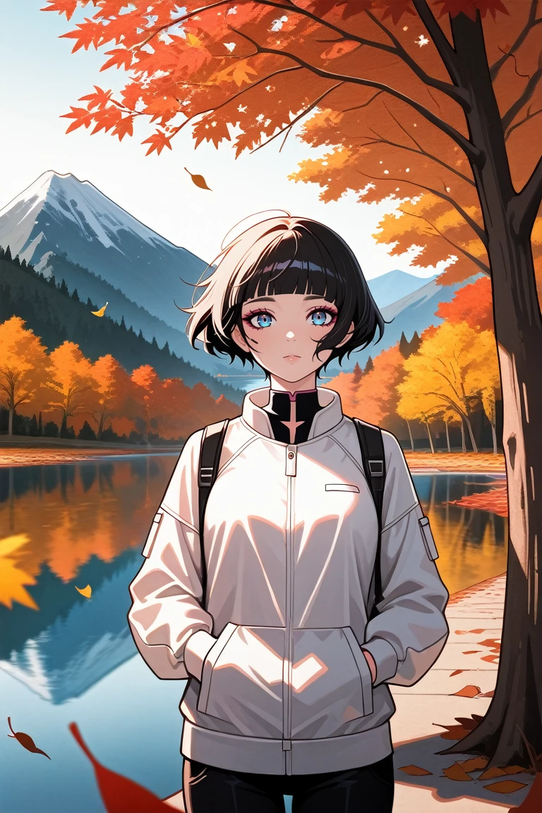 masterpiece, best quality, absurdres,
<lora:ILERSasha:0.8>
ERSasha, 1girl, black hair, short hair, blunt bangs, blue eyes, looking at viewer, hands in pocket, outdoors, autumn, lake, tree, mountain, falling leaves, wind