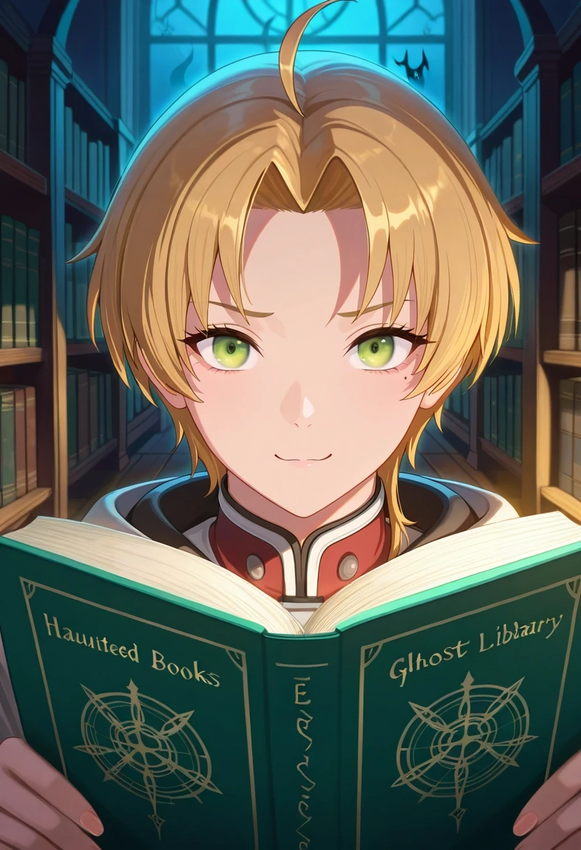 masterpiece, best quality, , semi-realistic, looking at viewer, 1boy, solo, male focus, <lora:rudeus_greyrat_ilxl:0.92>, rudeus_greyrat, blonde hair, green eyes, short hair, bangs, parted bangs, ahoge, mole under eye, , haunted library, ghost books, shadow corners, dusty shelves, reading pose, wary expression, moonlight,