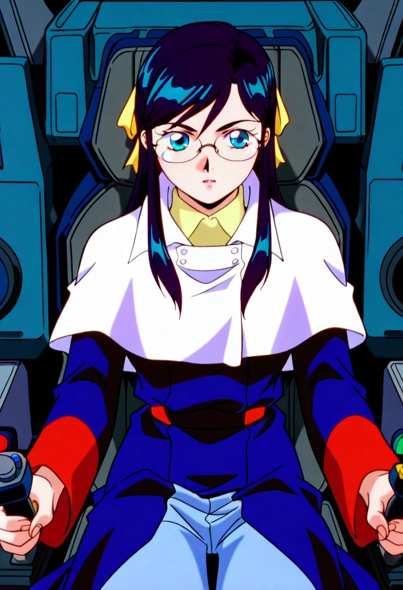 official art, masterpiece, best quality, absurdres, very aesthetic, 1girl, female focus, solo, AWGXS, anime screenshot, retro artstyle,1990s (style), cel animation, anime coloring, 1girl, female focus, solo, Rosa_rosa_utm, long hair, black hair, sidelocks, half updo, hair ribbon, blue eyes, glasses, rimless eyewear, small breasts, hair ribbon, yellow hair ribbon, white capelet, capelet, collared capelet, dark blue coat, coat, long sleeves, two-tone sleeves, long coat, pants, light blue pants, sitting, upper body, long coat, cockpit, joystick