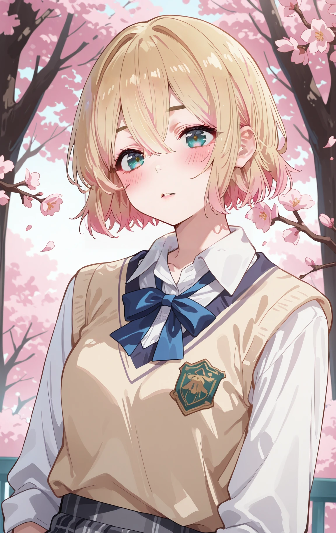 NanamiMamiCYQL,<lora:NanamiMamiCYQL:1>,1girl,solo,blonde hair,short hair,multicolored hair,pink hair,gradient hair,hair between eyes,green eyes,
cherry blossoms, shirt, sweater vest, skirt, plaid, white shirt, looking at viewer, blush, plaid skirt, breasts, collared shirt, ribbon, branch, long sleeves, mole, neck ribbon, parted lips, school uniform, upper body, blue ribbon, flower, grey skirt, bow,
<lora:ponyv4_noob1_2_adamW:0.7>,<lora:spo_sdxl_10ep_4k-data_lora_webui:0.6>,<lora:USNR STYLE_XL_loha:0.45>,<lora:748cmSDXL:1>,usnr,748cmstyle,
masterpiece,best quality,amazing quality,very aesthetic,absurdres,newest,