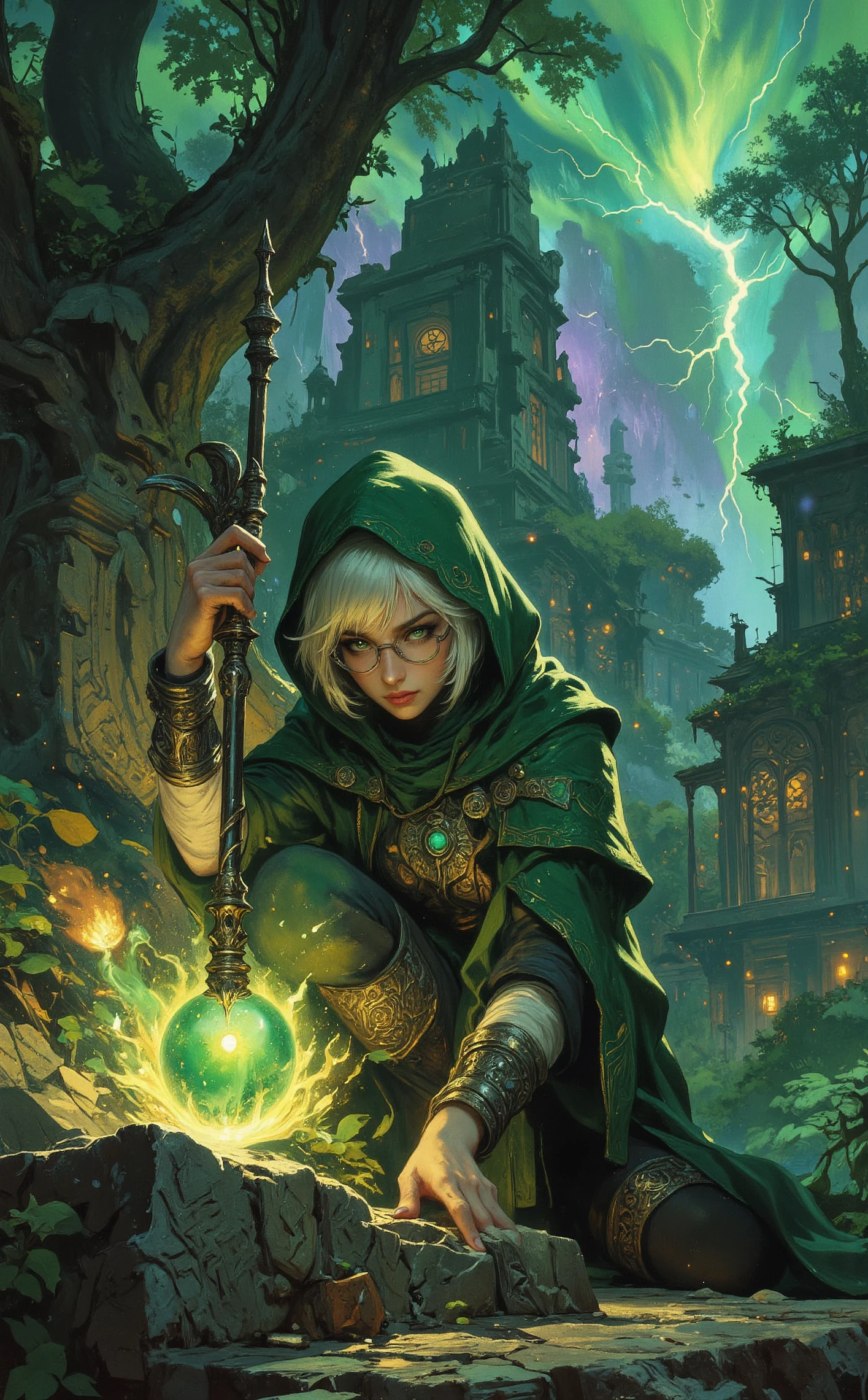 fantasy, painting, illustration, detailed, A stylized fantasy character placed in a grand, epic fantasy setting. A young mage with short white hair and round glasses kneels atop a mystical stone platform surrounded by a vast, glowing forest. Twisting, ancient trees with bioluminescent leaves rise in the background, their canopies forming an otherworldly glow of greens and blues that match the orb atop the mage's highly ornate magical staff. The glowing green orb casts faint ripples of light across her determined face, her piercing green eyes mirroring its radiance. She wears a detailed green hooded robe adorned with intricate metallic and gemstone accessories, evoking a mystical and antique feel. Her robes shimmer faintly, reflecting the glowing flora around her, and the intricate stitches and embroidered patterns on her layered garments become more pronounced in the soft, ambient light. The mage crouches on the platform, surrounded by glowing runes etched into the stone beneath her feet, suggesting a summoning or ritual in progress. Her dynamic posture, slightly leaning forward, conveys readiness and curiosity as if she is preparing to cast a powerful spell or decipher an ancient mystery. Above her, a crackling aurora stretches across the sky, blending vibrant colors of emerald, gold, and violet, adding grandeur and magic to the atmosphere. Wisps of energy and floating embers dance in the air, creating a sense of life and motion in the scene. The lighting emphasizes her features and the ornate carvings on her staff, adding depth to the intricate composition. Her neutral yet focused expression adds an air of mystery, inviting viewers to imagine the story unfolding in this breathtaking and fantastical world., ethereal fantasy concept art of cinematic film still character art by theCHAMBA, Illustration, anime art by Yoshitoshi Abe, Manga, , Surrealism, psychological themes, intricate linework, dreamlike compositions, dark atmospheres, Dynamic, action-packed, superhero, digital art . shallow depth of field, vignette, highly detailed, high budget, bokeh, cinemascope, moody, epic, gorgeous, film grain, grainy . magnificent, celestial, ethereal, painterly, epic, majestic, magical, fantasy art, cover art, dreamy