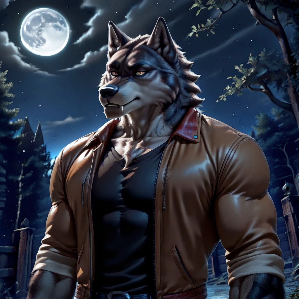 masterpiece, best quality, newest, absurdres, highres, anime, anime style, Dramatic-Moonlight-IL-V1.0, Dramatic light, Moonlight, moon, 1boy, werewolf, furry, fur, wolf, muscular, muscular male, furry male, kftenhance, shirt, jacket, open jacket,
